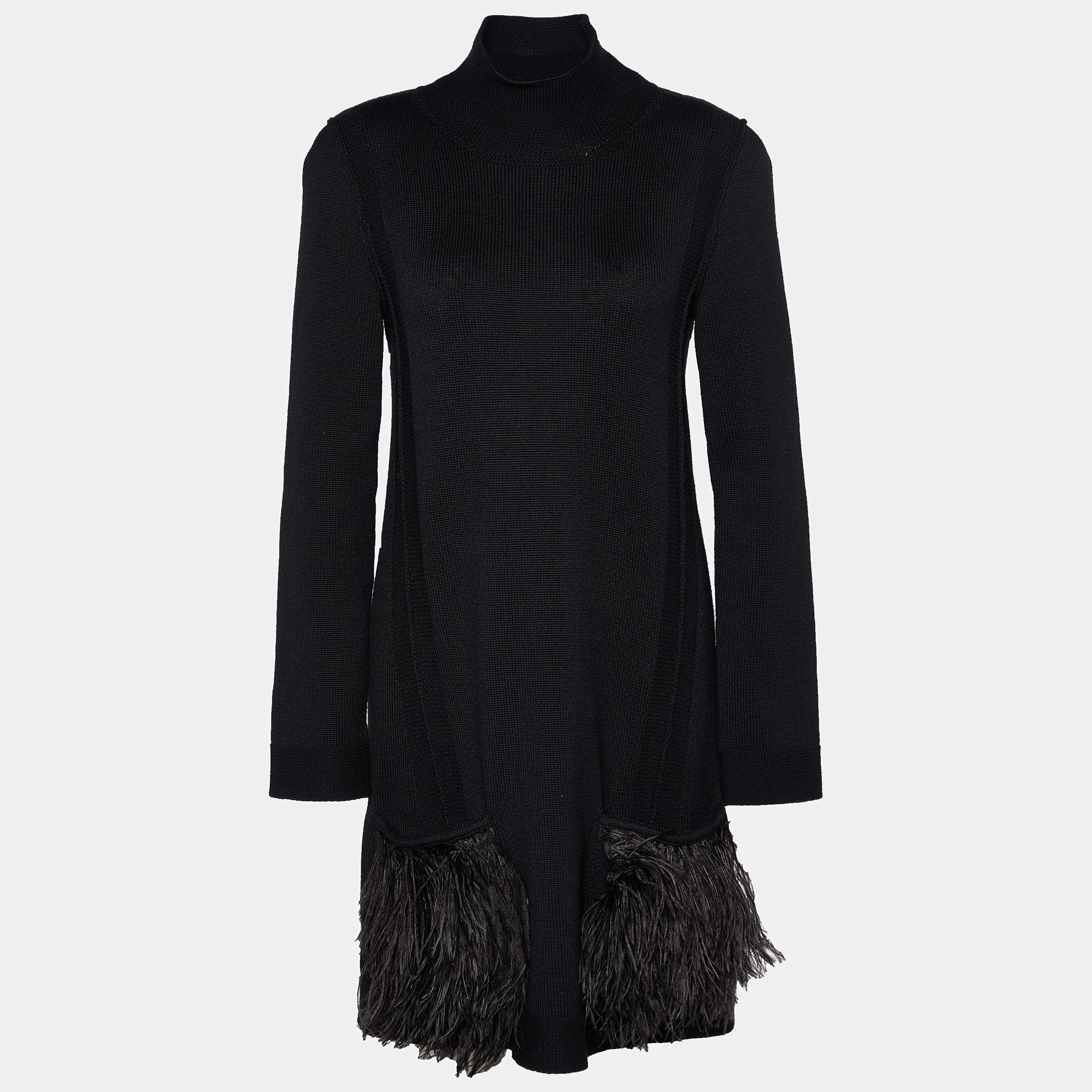 Louis Vuitton Black Wool Knit Feather Trim Turtleneck Dress XL