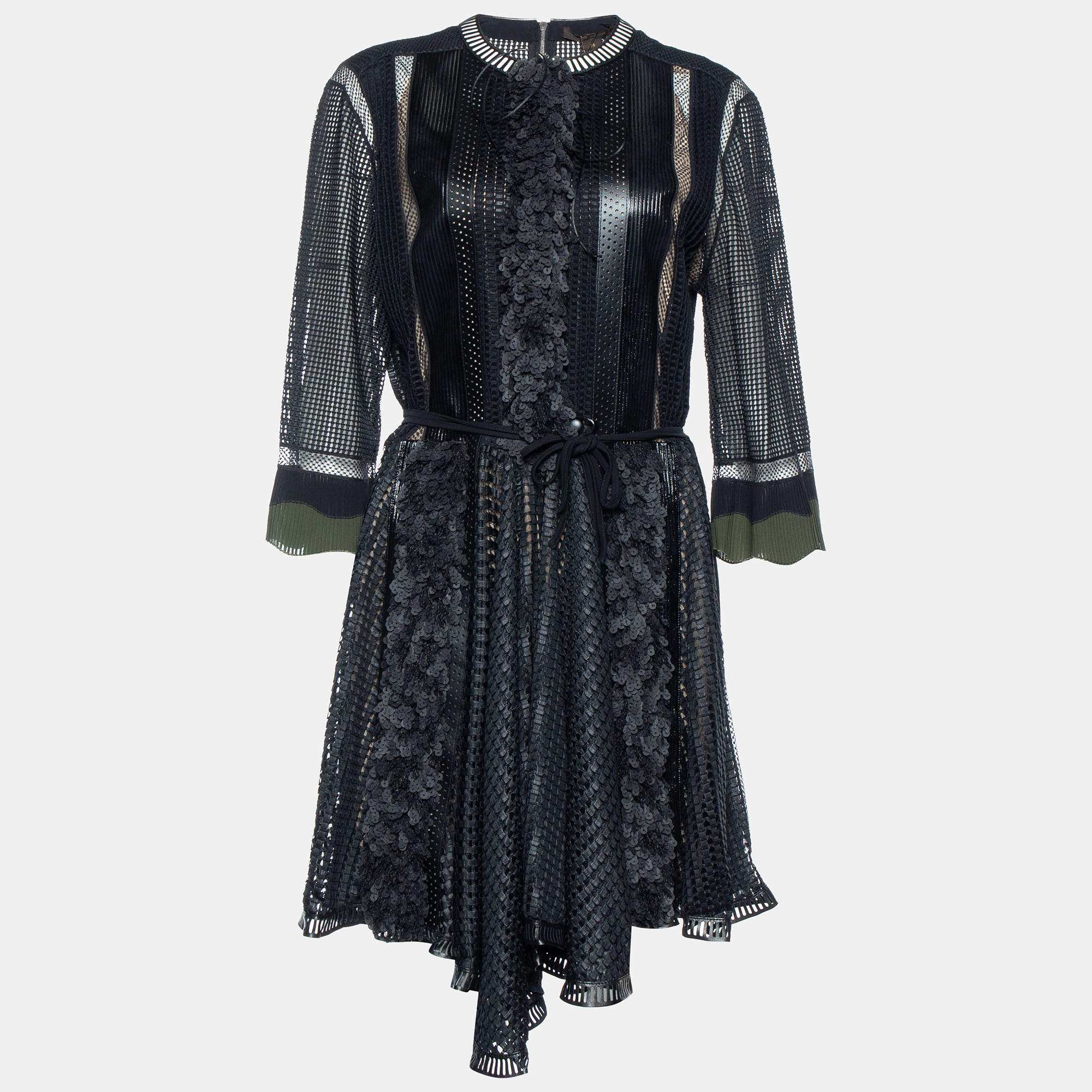 Pre Owned Louis Vuitton Black Textured & Leather Sequin Detail Asymmetric Hem Midi Dress M 