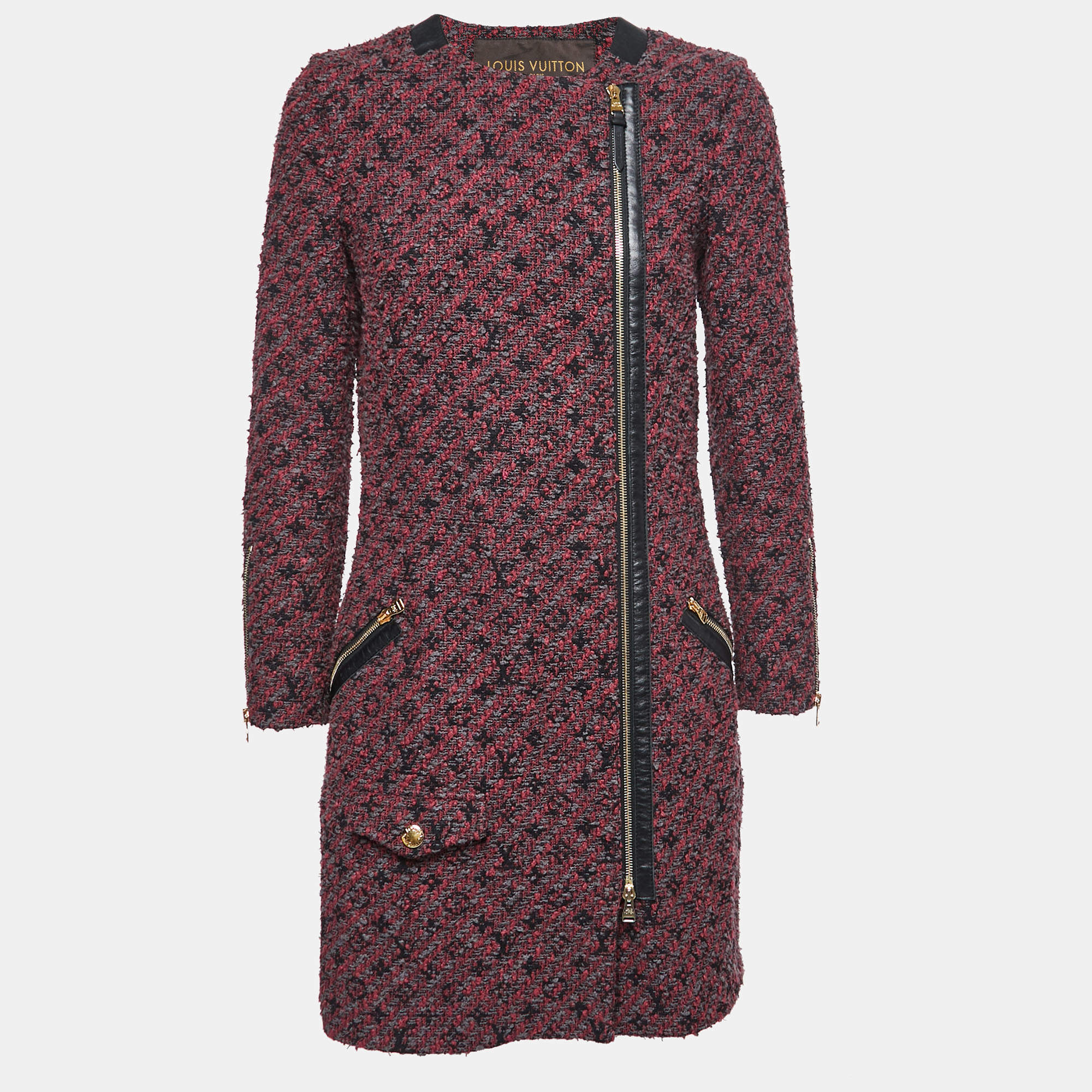 Pre Owned Louis Vuitton Burgundy Tweed Long Coat S
