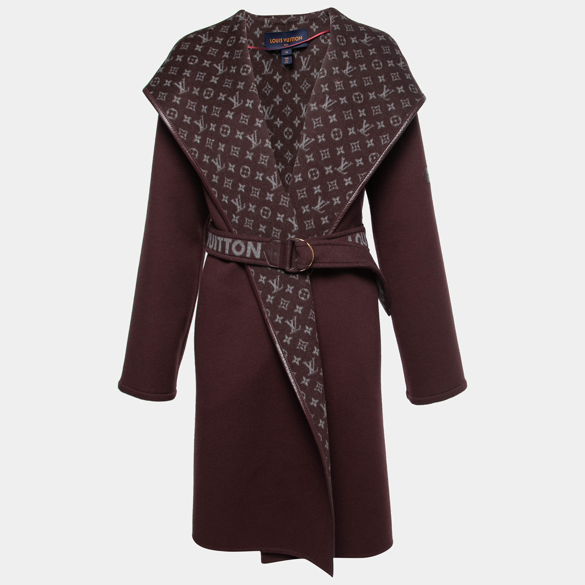 Louis Vuitton Burgundy Wool Monogram Belted Hooded Wrap Coat M