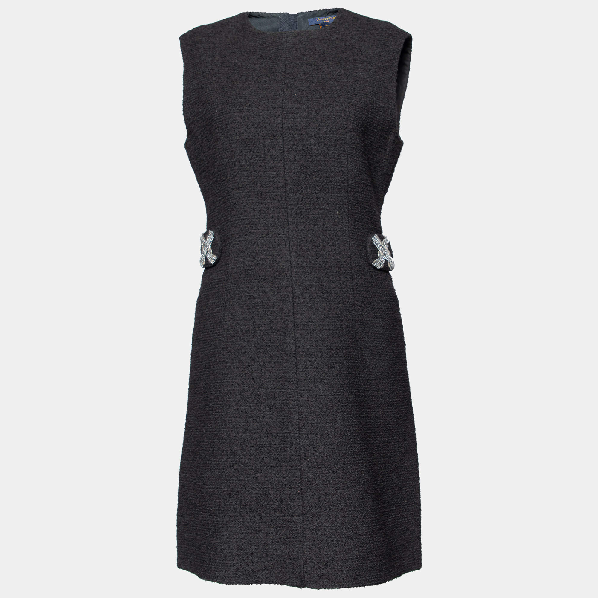 Pre Owned Louis Vuitton Black tweed Embellished Waist Detail Sleeveless Sheath Dress M