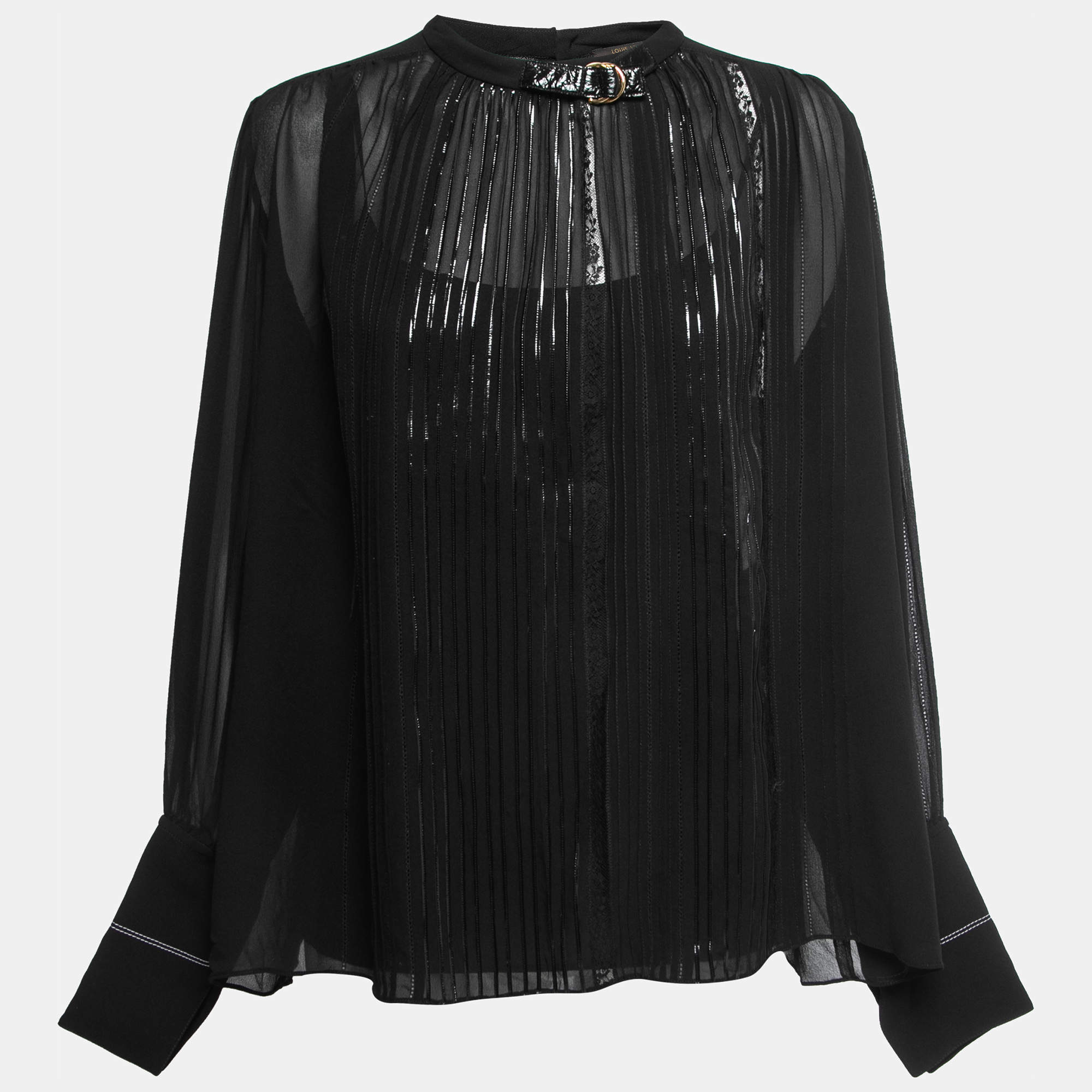 Pre Owned Louis Vuitton Black Silk Pleated Full Sleeve Blouse M