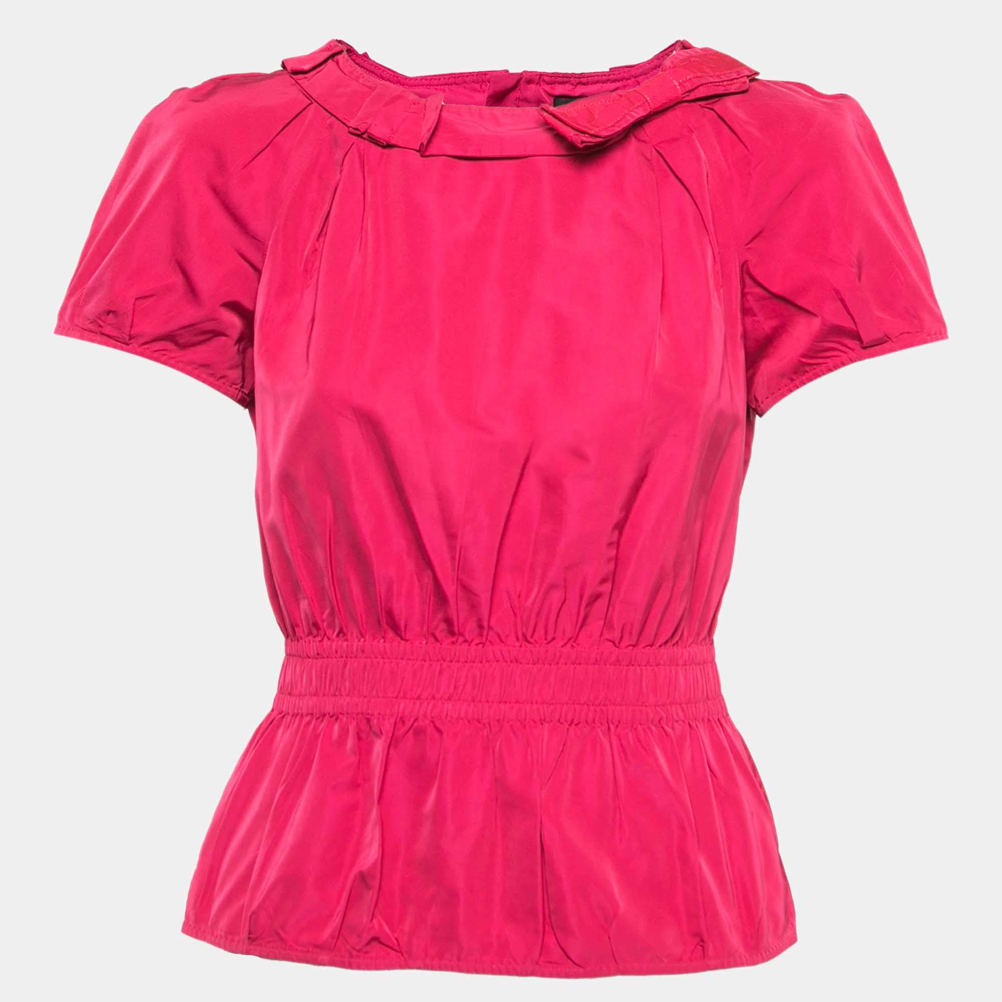 Louis Vuitton Pink Coated Silk Bow Detailed Elasticized Waist Top M