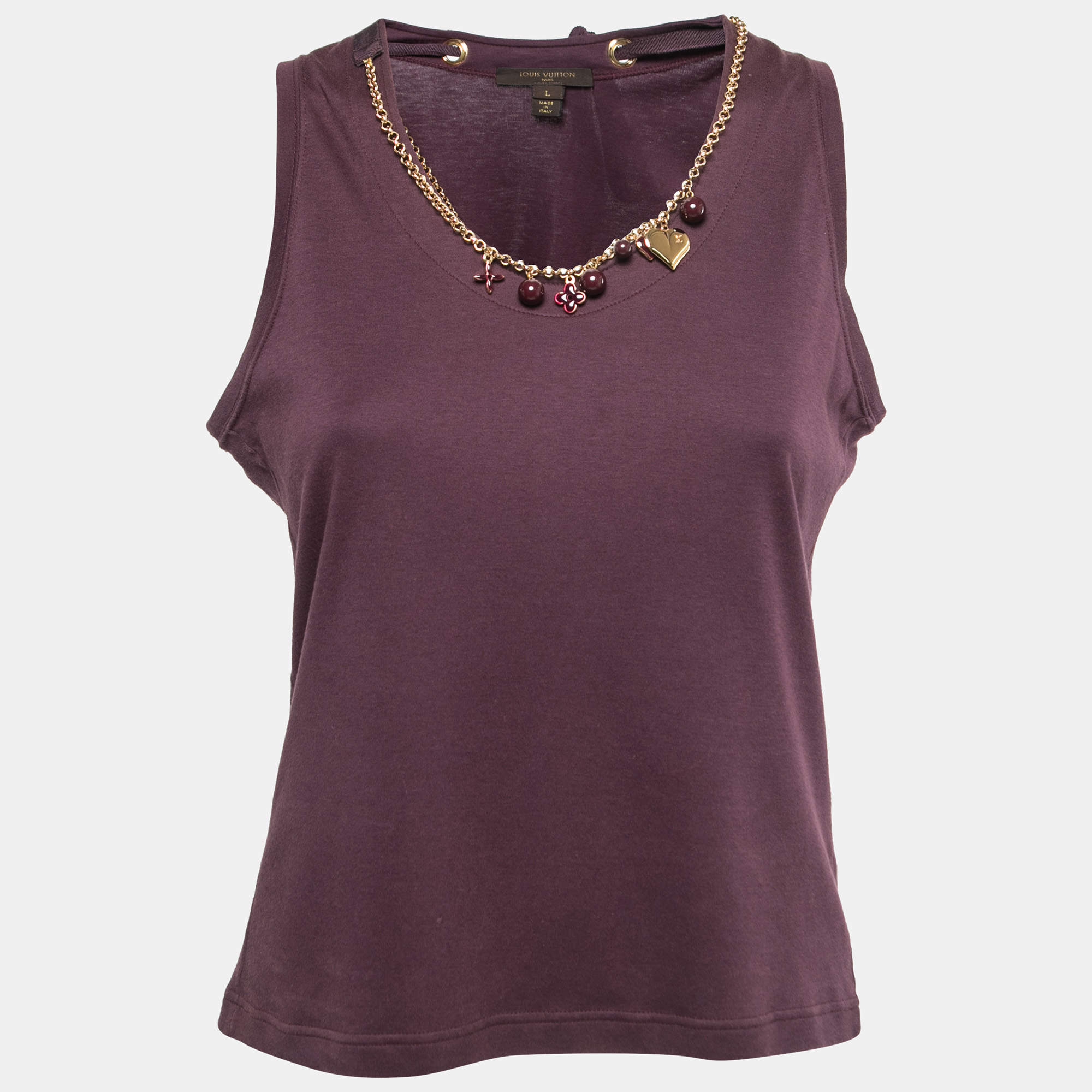 Louis Vuitton Purple Cotton Neck Charm Detail Tank Top L