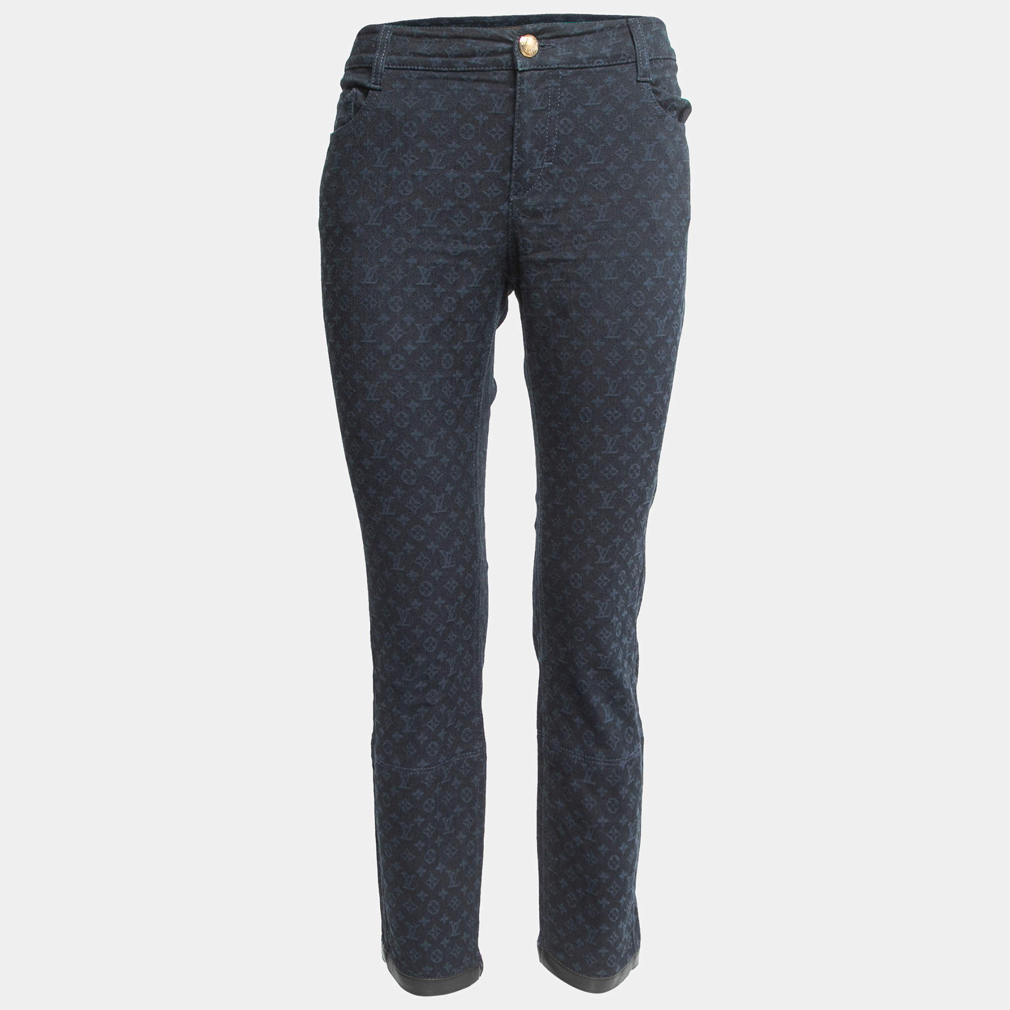 Pre Owned Louis Vuitton Navy Blue Monogram Jacquard Denim Tapered Leg Jeans M Waist 30"