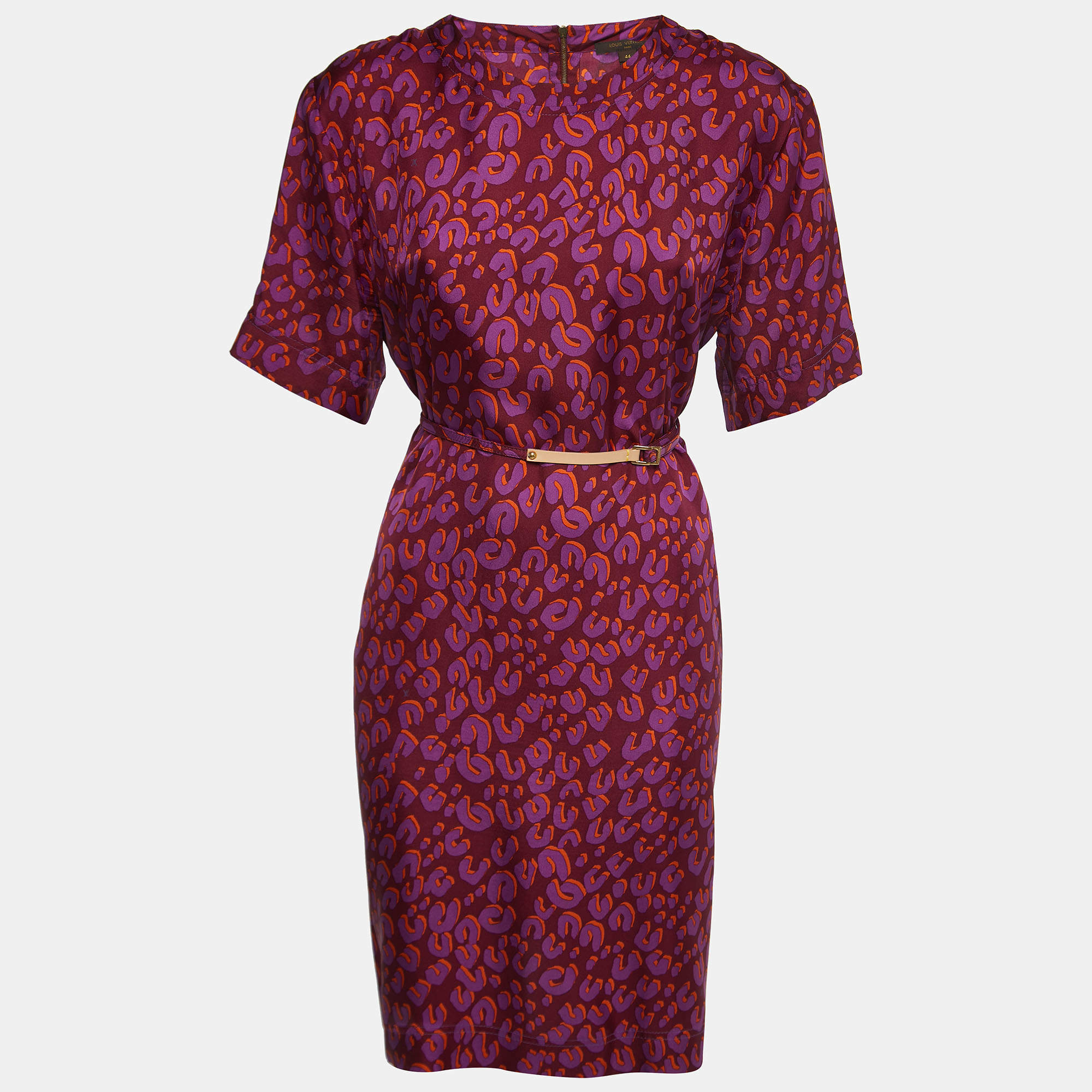 Louis Vuitton Purple Leopard Print Silk Belted Short Dress L