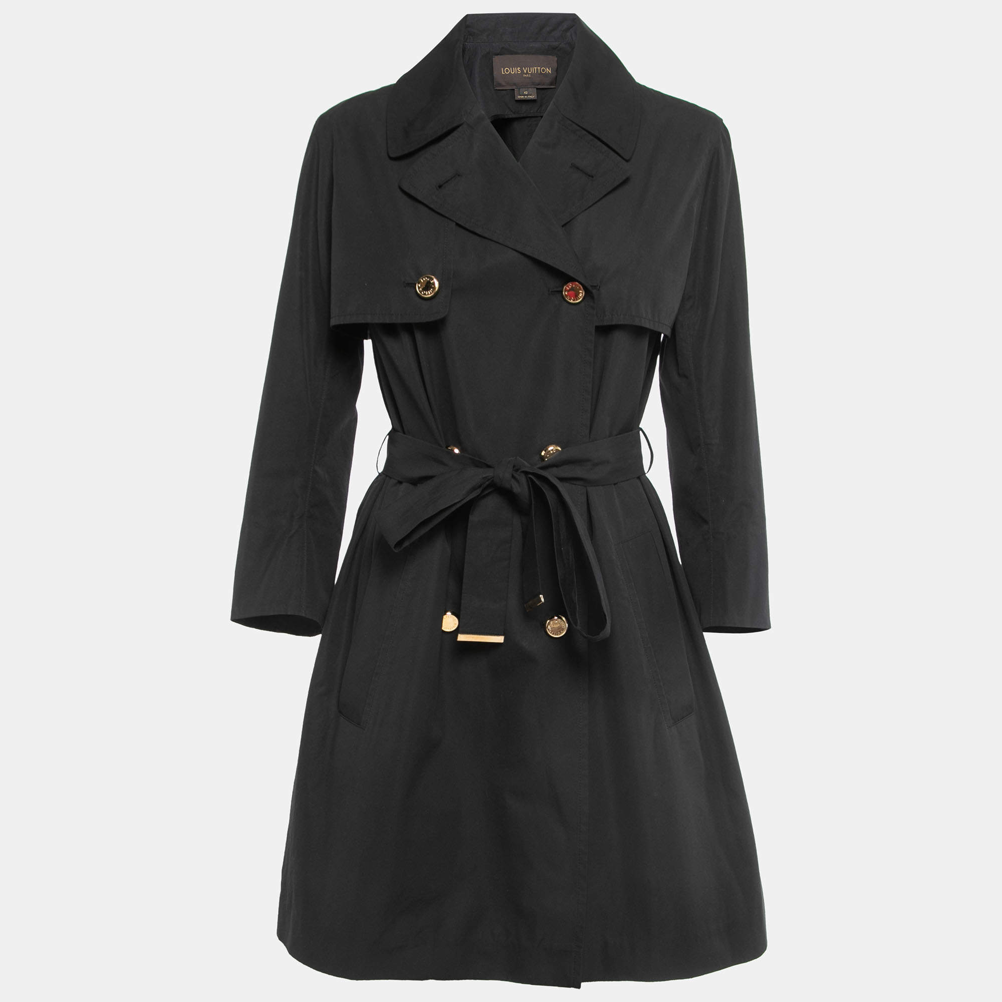 Pre Owned Louis Vuitton Black Cotton Double Breasted Belted Mini Dress L