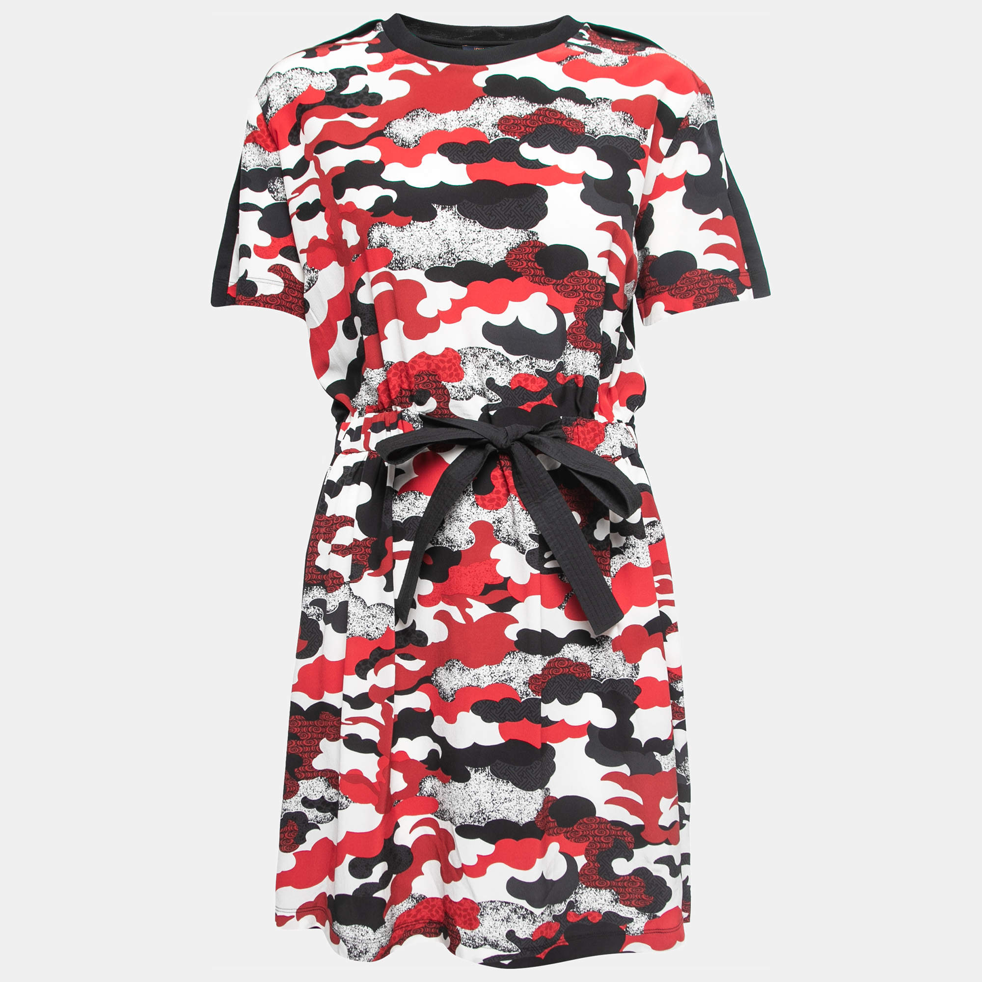 Louis Vuitton Black/Red Printed Silk & Cotton Tie Front Dress M