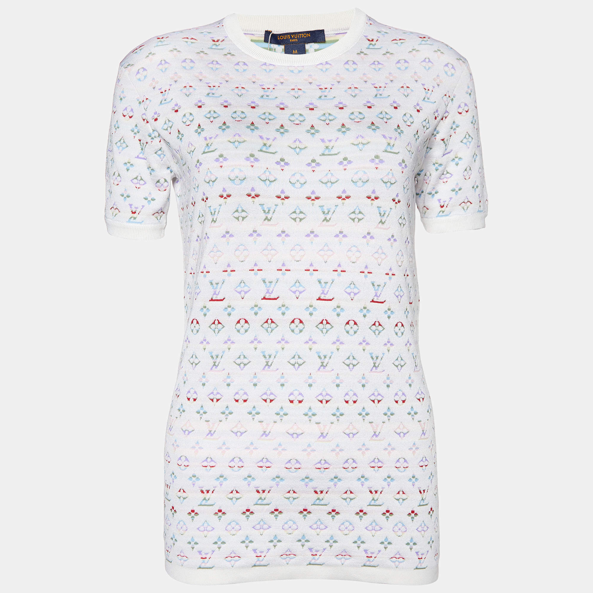 Louis Vuitton White Monogram Silk Knit Short Sleeve Top M
