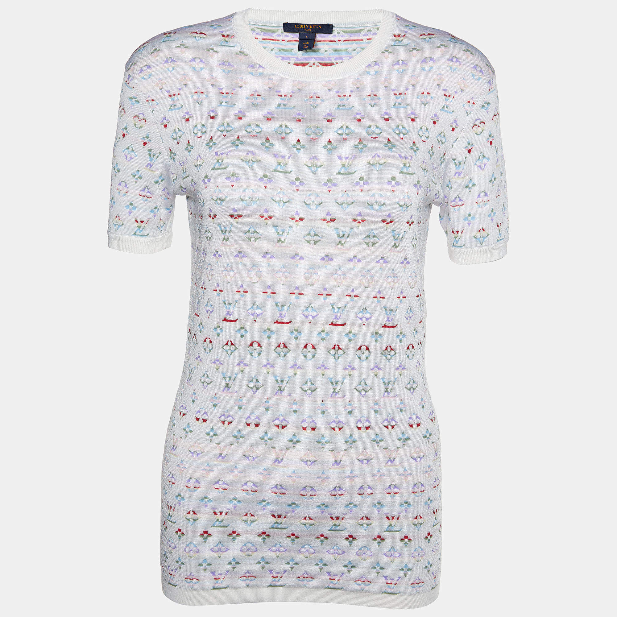 Pre Owned Louis Vuitton White Silk Logo Jacquard Knit T-Shirt S