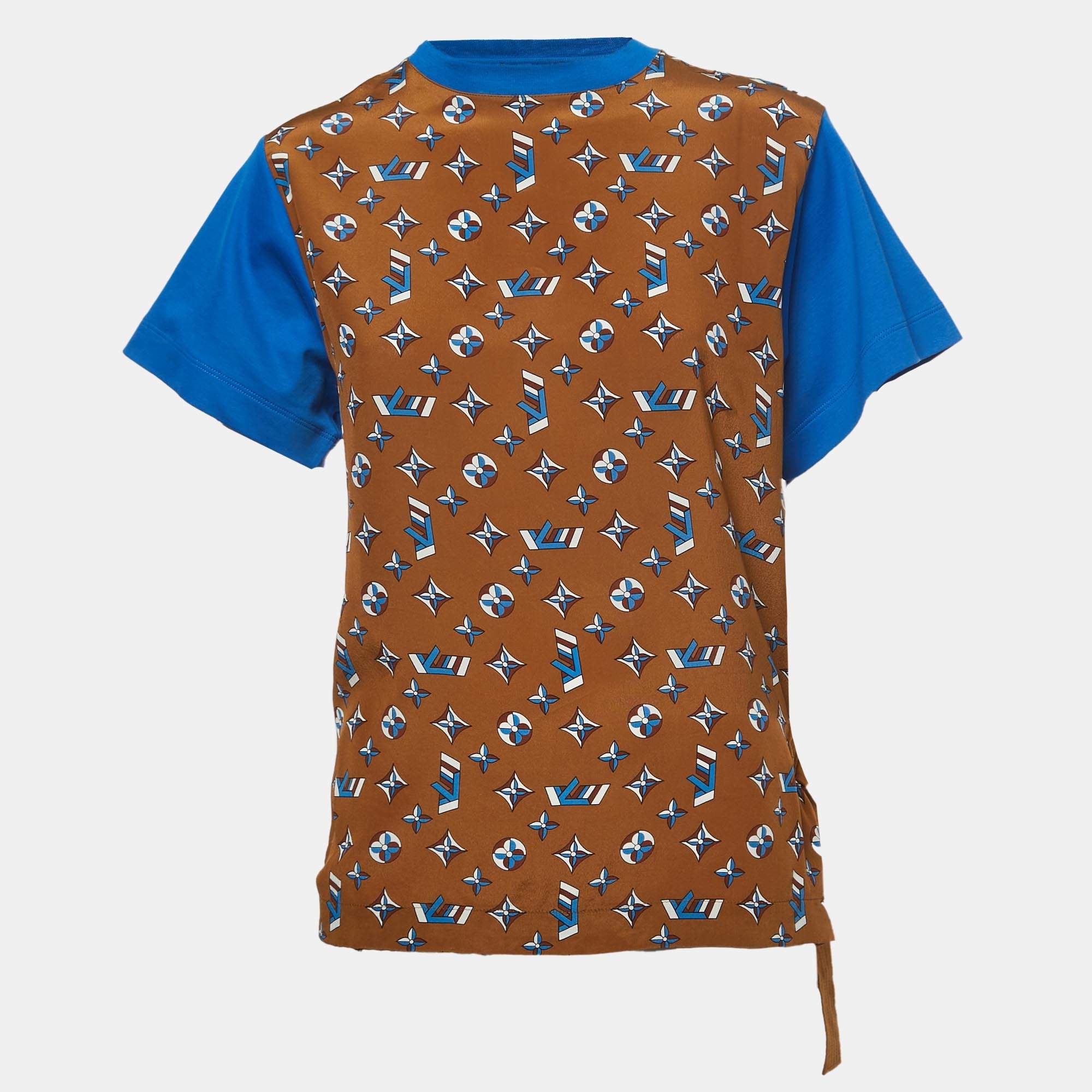 Louis Vuitton Brown/Blue Monogram Silk & Cotton Half Sleeve T-Shirt M