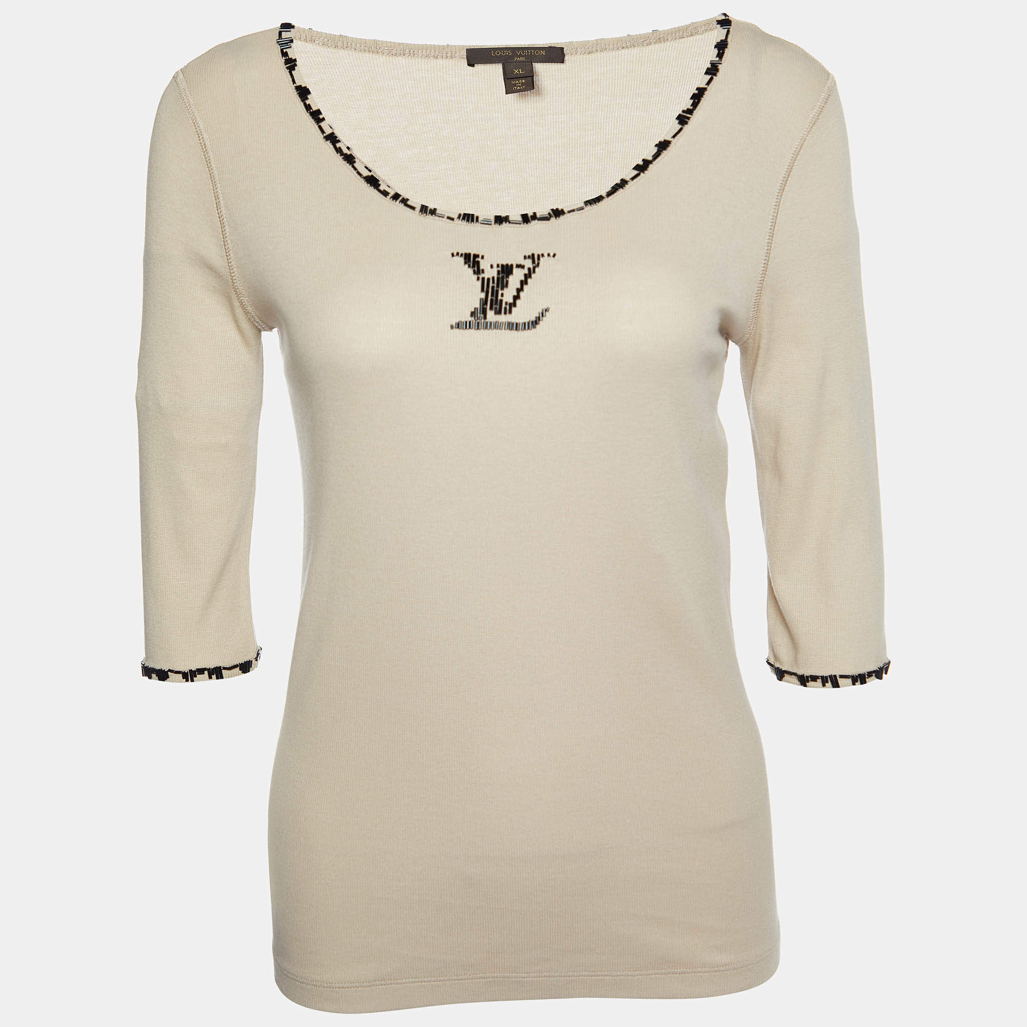 Pre Owned Louis Vuitton Beige Logo Embellished Cotton Knit T-Shirt XL