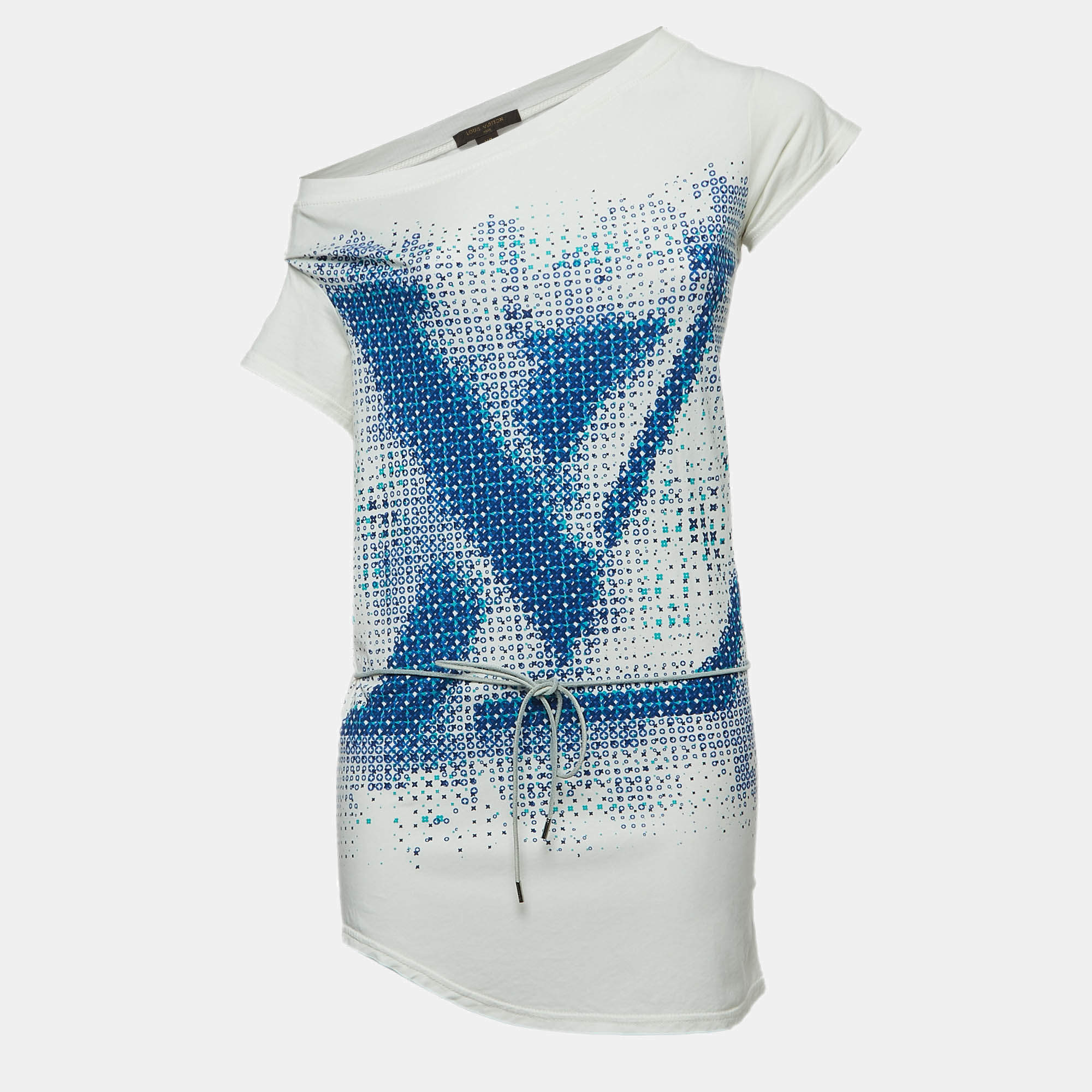 Pre Owned Louis Vuitton White Logo Print Cotton Short Sleeve Belted T-Shirt XS