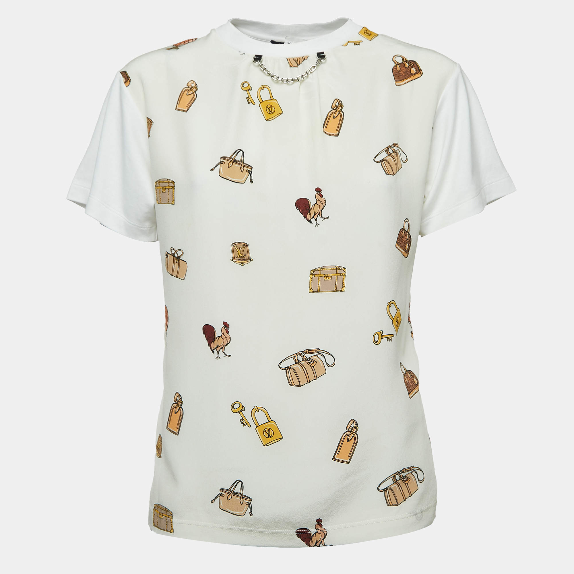 Louis Vuitton Cream All-over Print Silk & Cotton 3 Layered Short Sleeve T-Shirt S