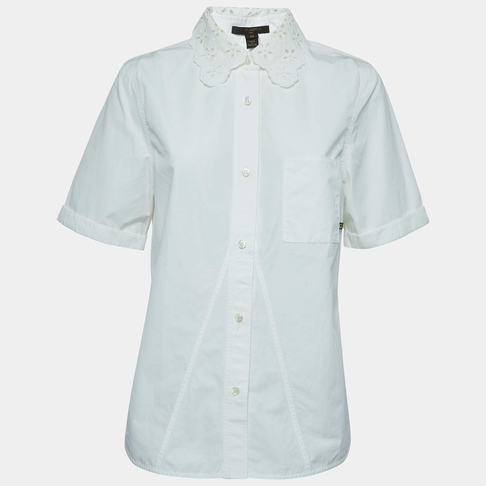 Pre Owned Louis Vuitton Off White Cotton Lace Trimmed Button Front Shirt L