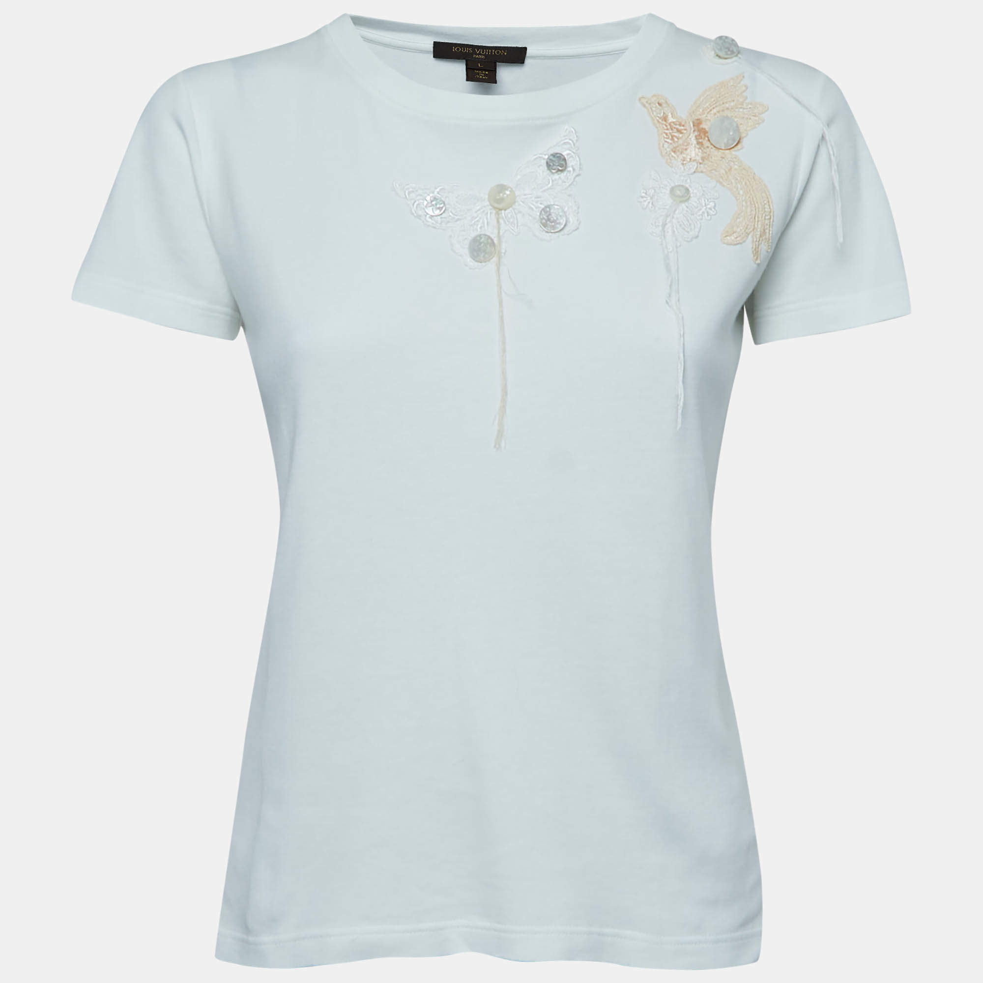 Pre Owned Louis Vuitton White Cotton Lace Applique Short Sleeve T-Shirt L