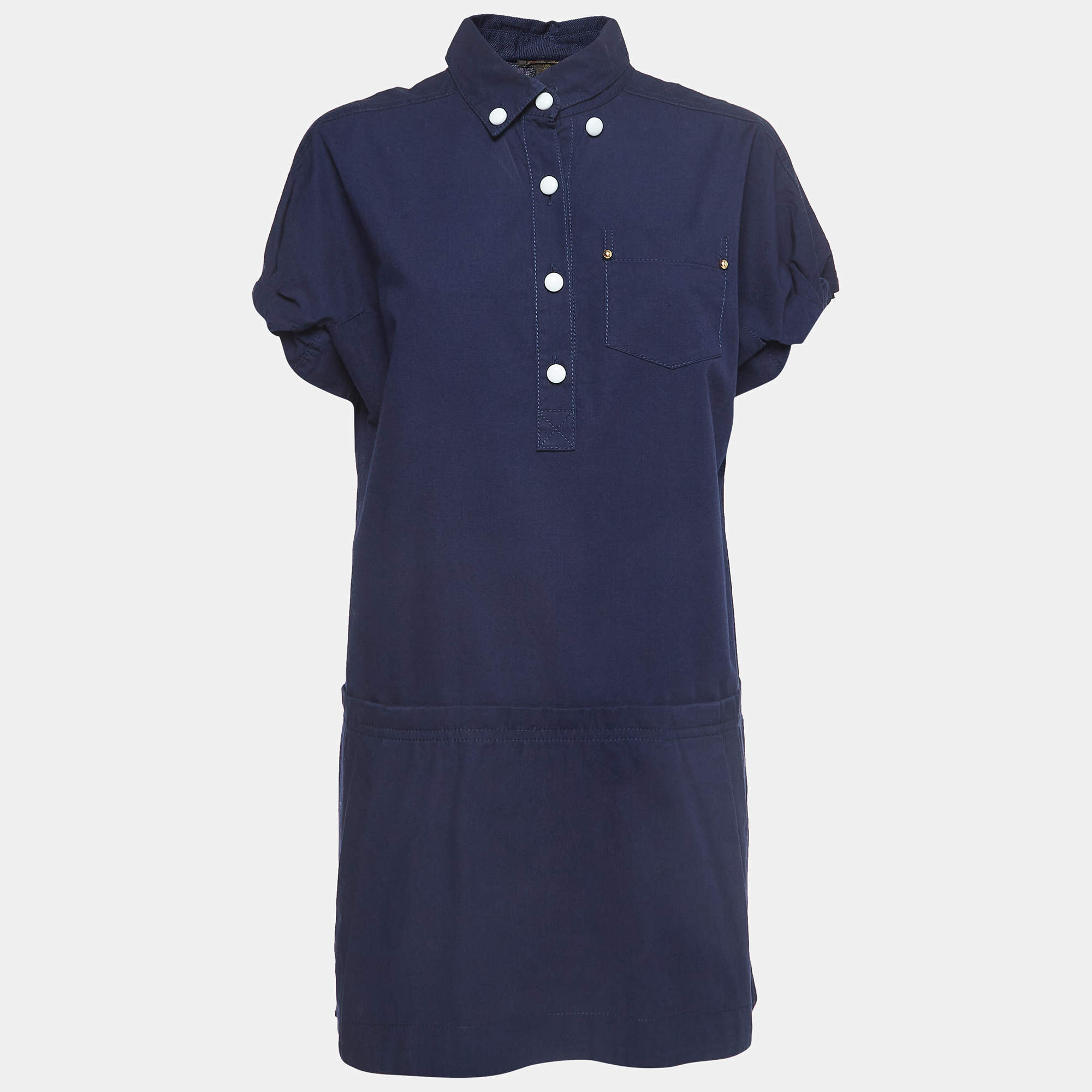 Pre Owned Louis Vuitton Navy Blue Cotton Mini Shirt Dress M
