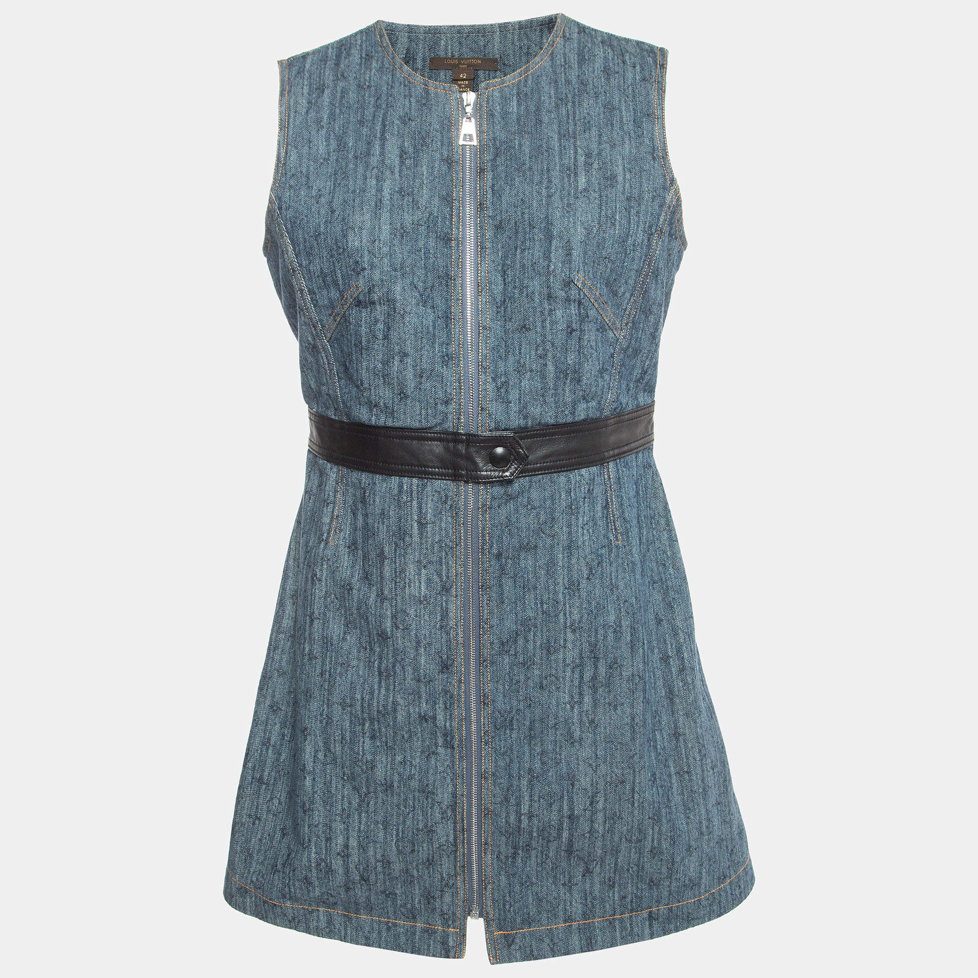 Louis Vuitton Blue Monogram Denim Zip Front Sleeveless Mini Dress L