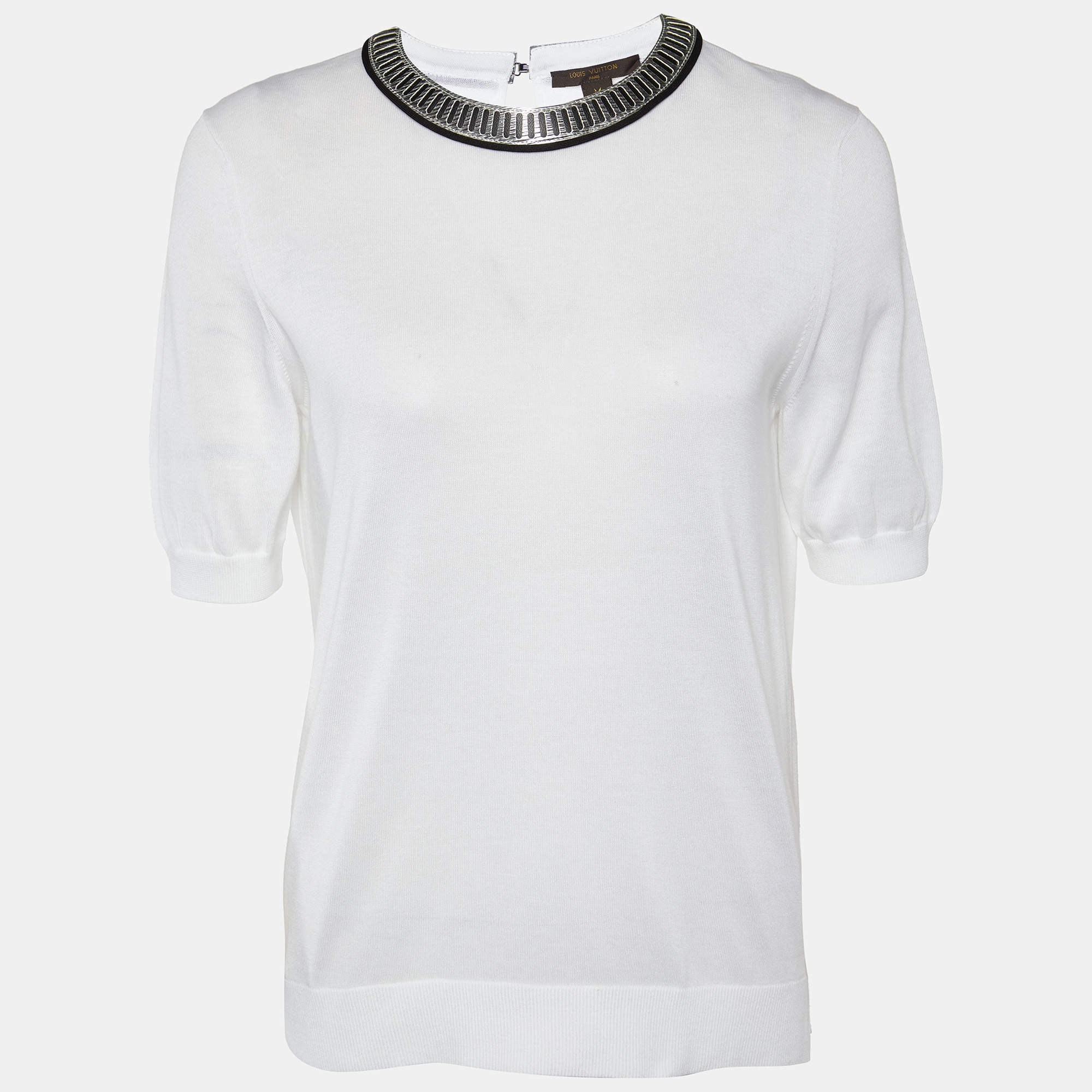 Pre Owned Louis Vuitton White Cotton Knit Neck Trim Detail T-Shirt M