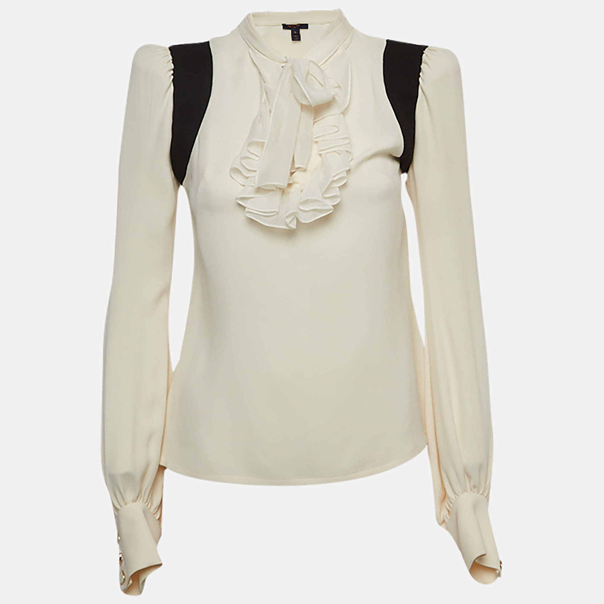 Pre Owned Louis Vuitton Ivory White Silk Ruffled Tie Neck Blouse S