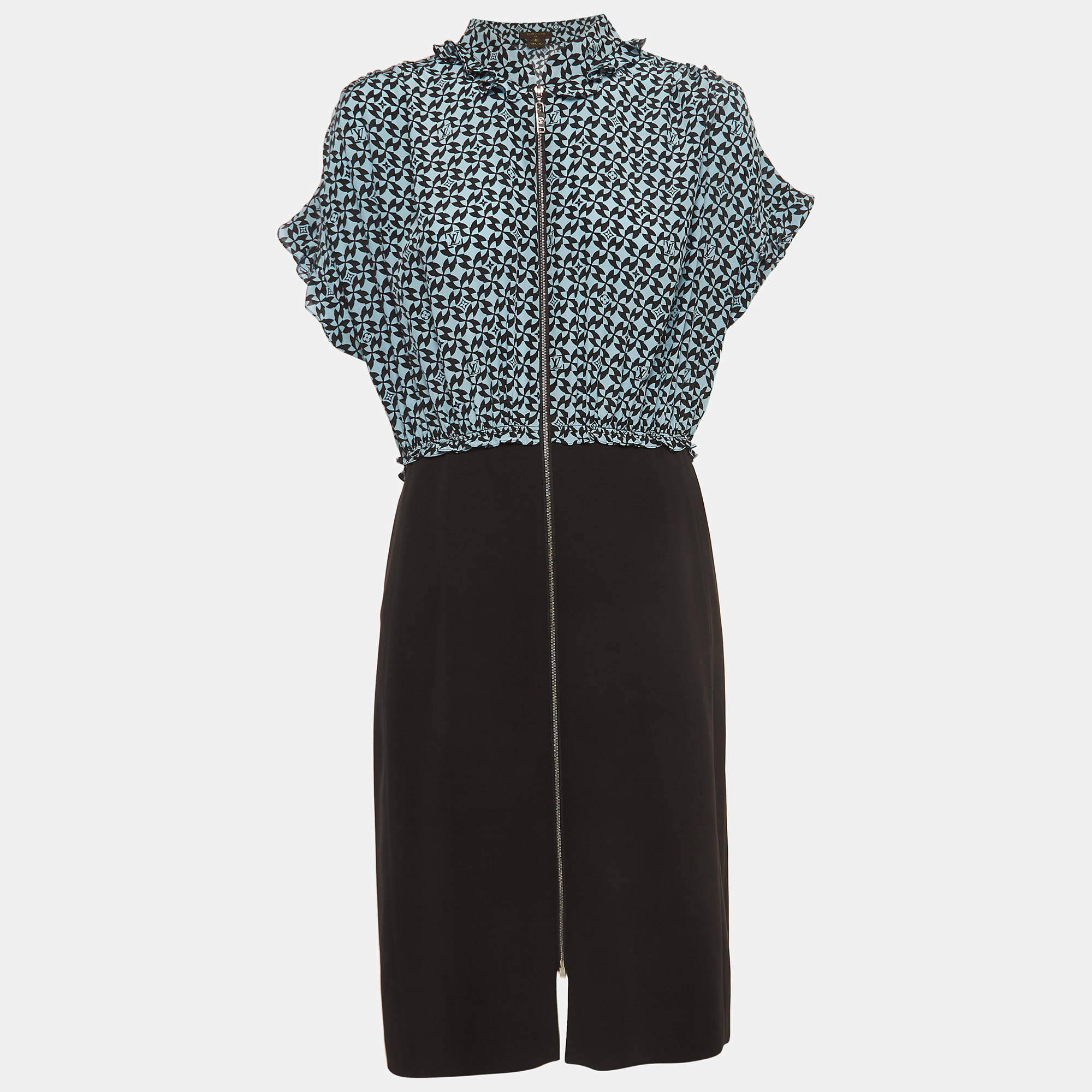 Louis Vuitton Black/Blue Printed Silk Midi Dress L