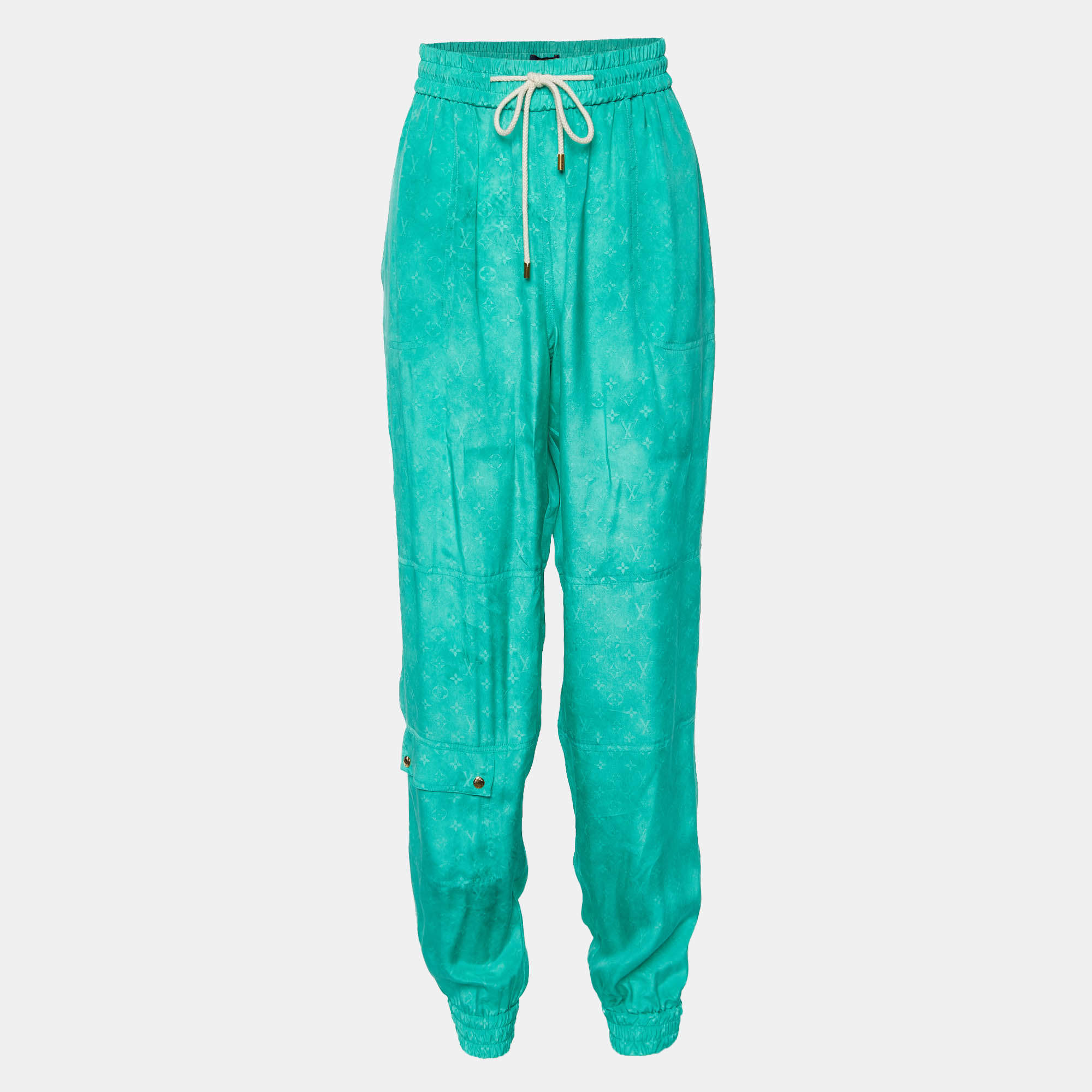 Louis Vuitton Green Monogram Silk Drawstring Waist Trousers M