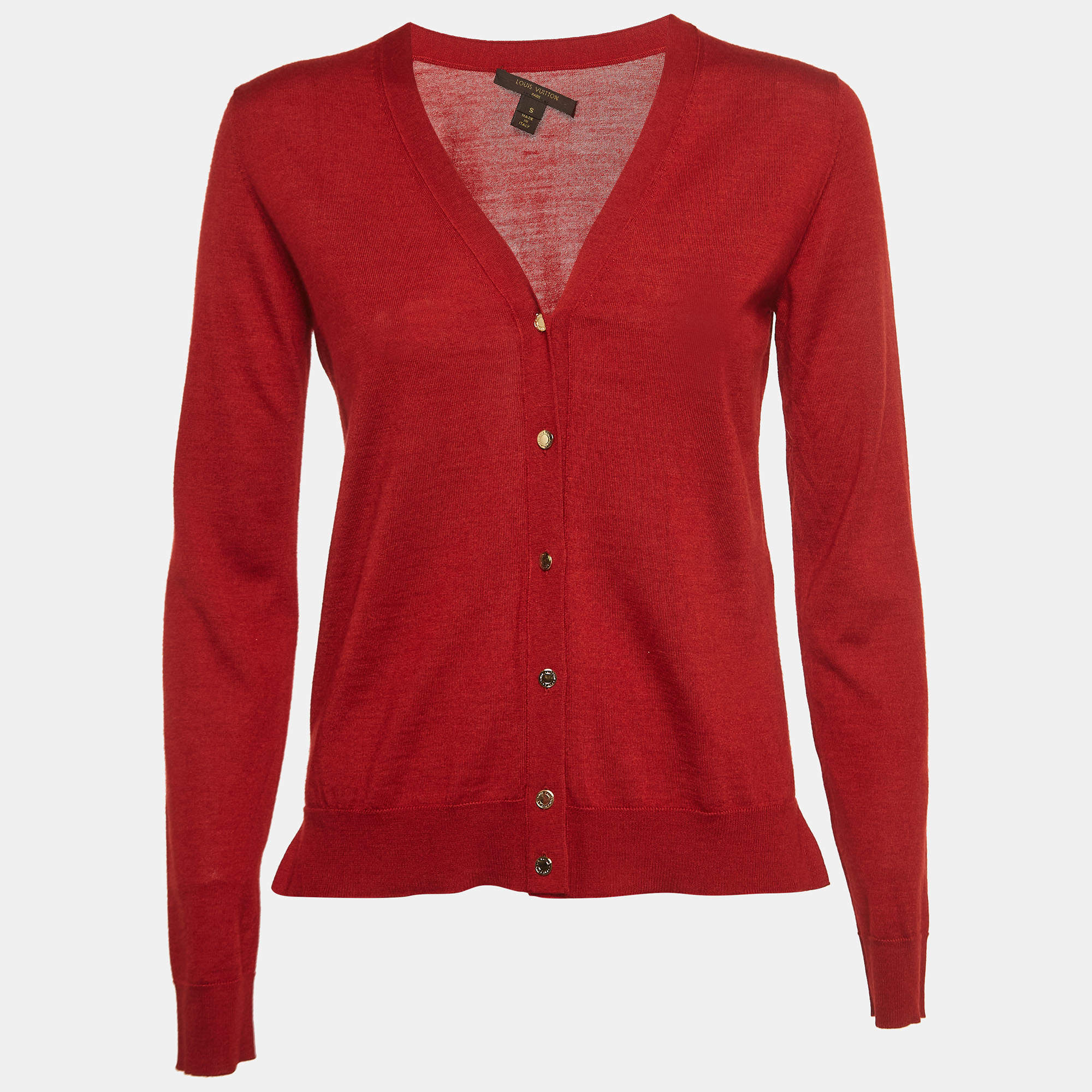 Pre Owned Louis Vuitton Red Cashmere and Silk Knit Button Front Cardigan S