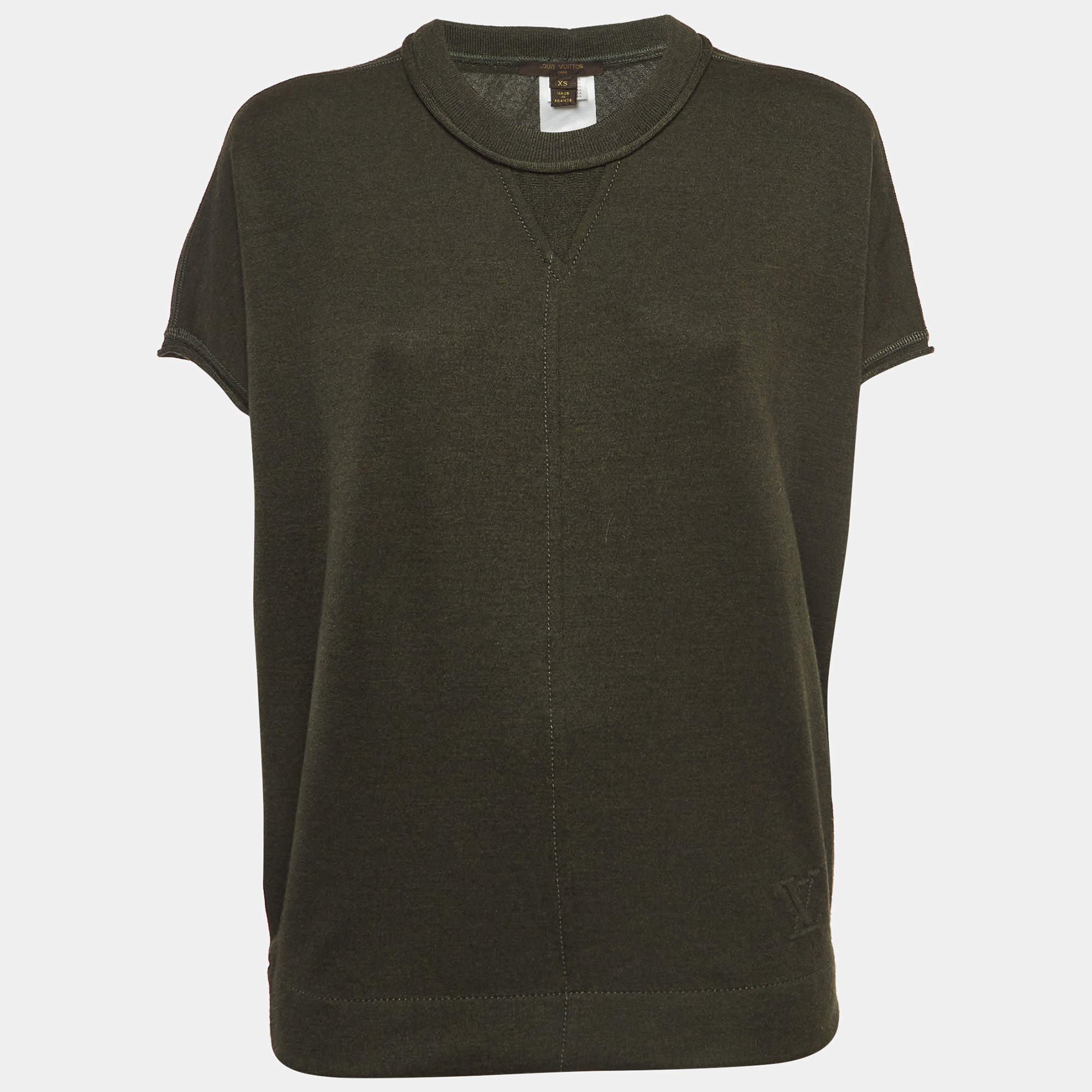 Pre Owned Louis Vuitton Military Green Logo Embossed Cashmere & Silk Knit Top XS