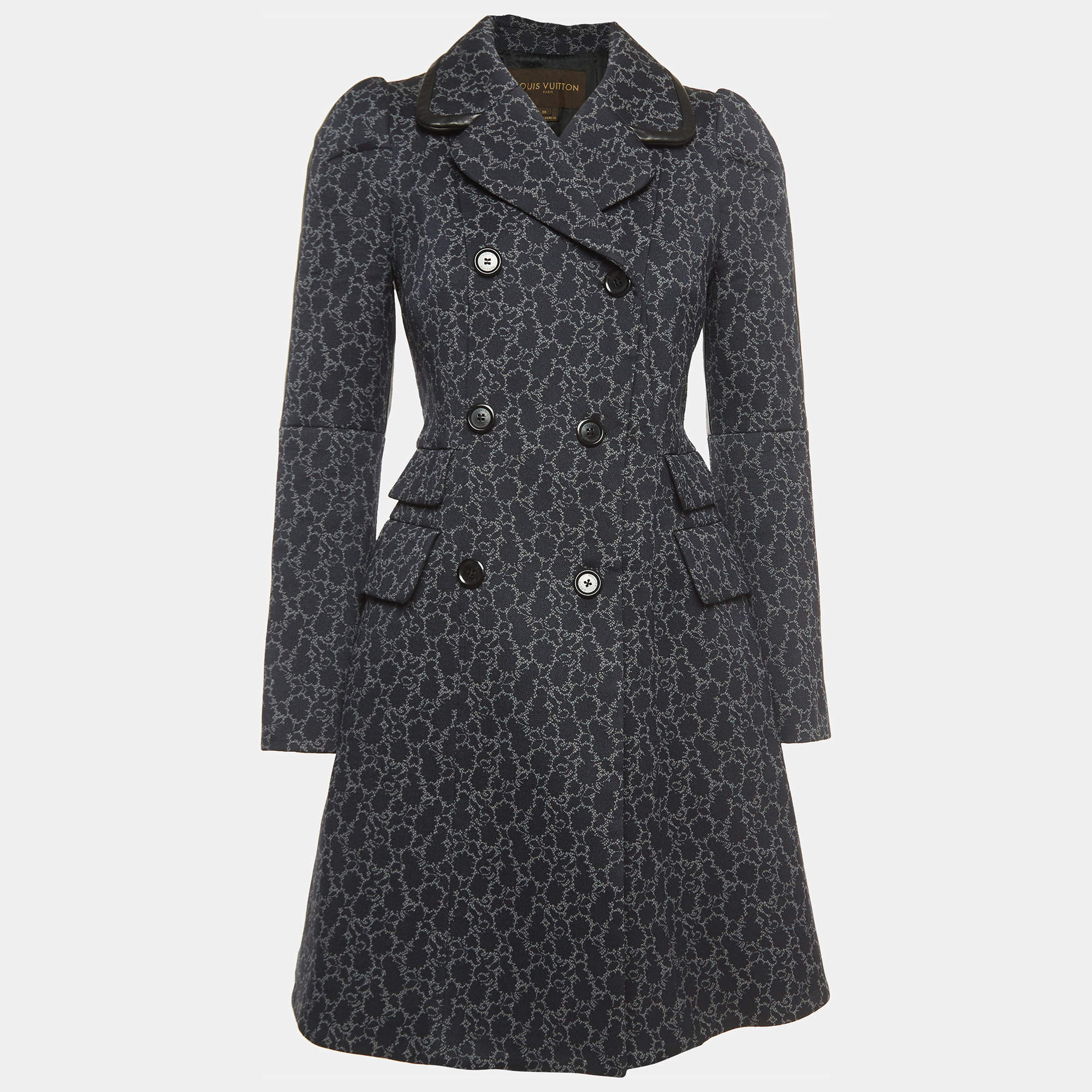 Louis Vuitton Navy Blue Printed Leather Trimmed Knit Double Breasted Coat S