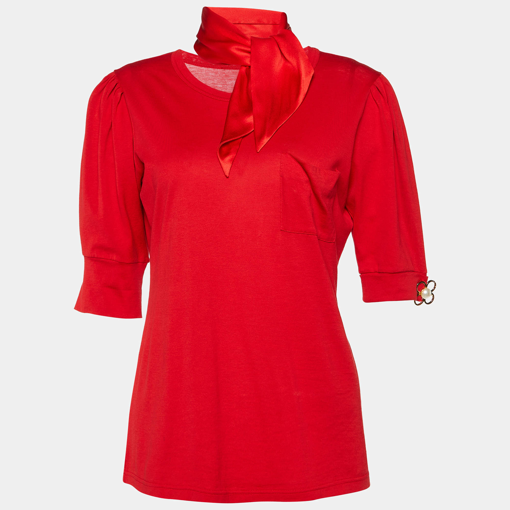 Pre Owned Louis Vuitton Red Cotton Monogram Brooch Detail T-Shirt M