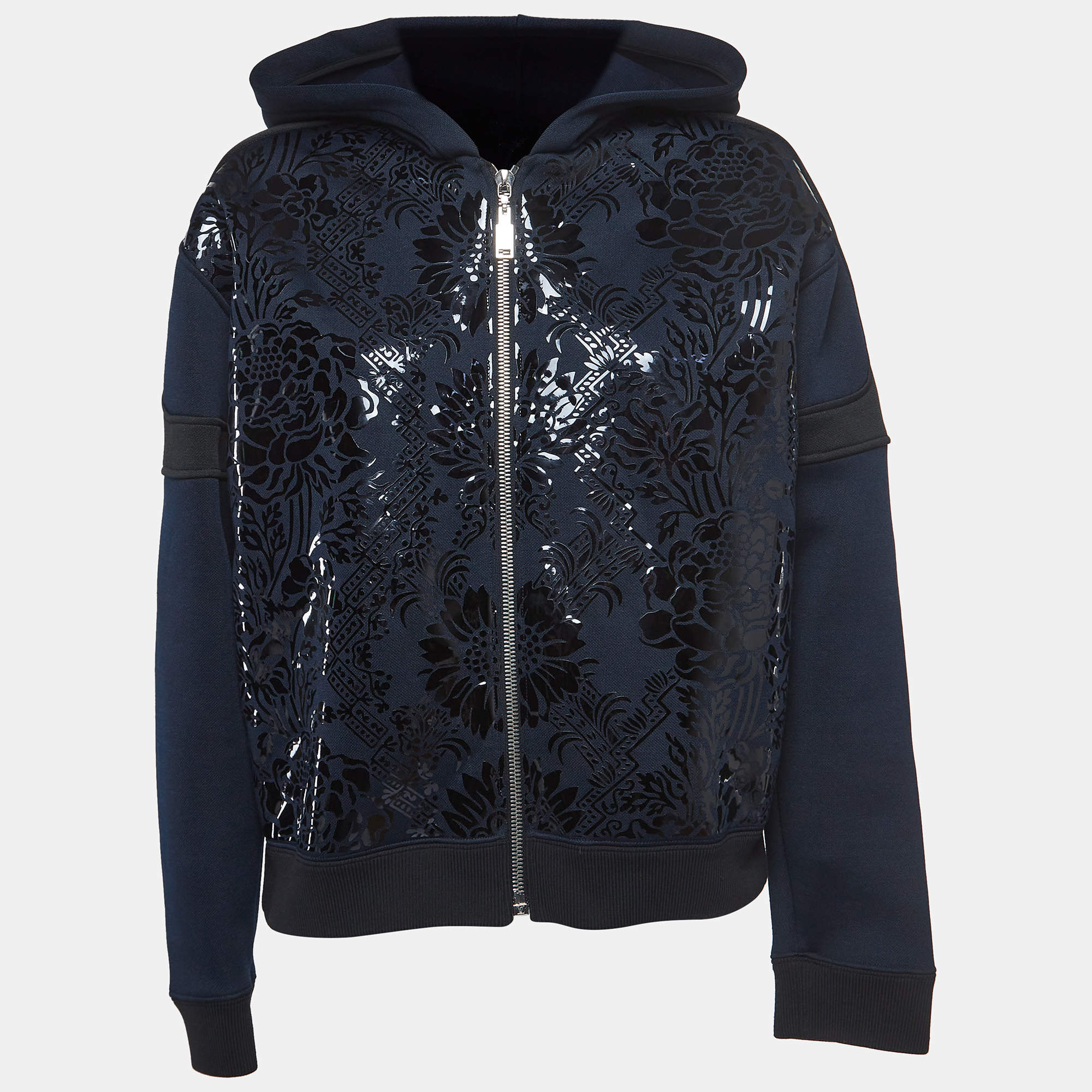 Louis Vuitton Navy Blue Floral Pattern Leather Trim Knit Zipper Jacket L