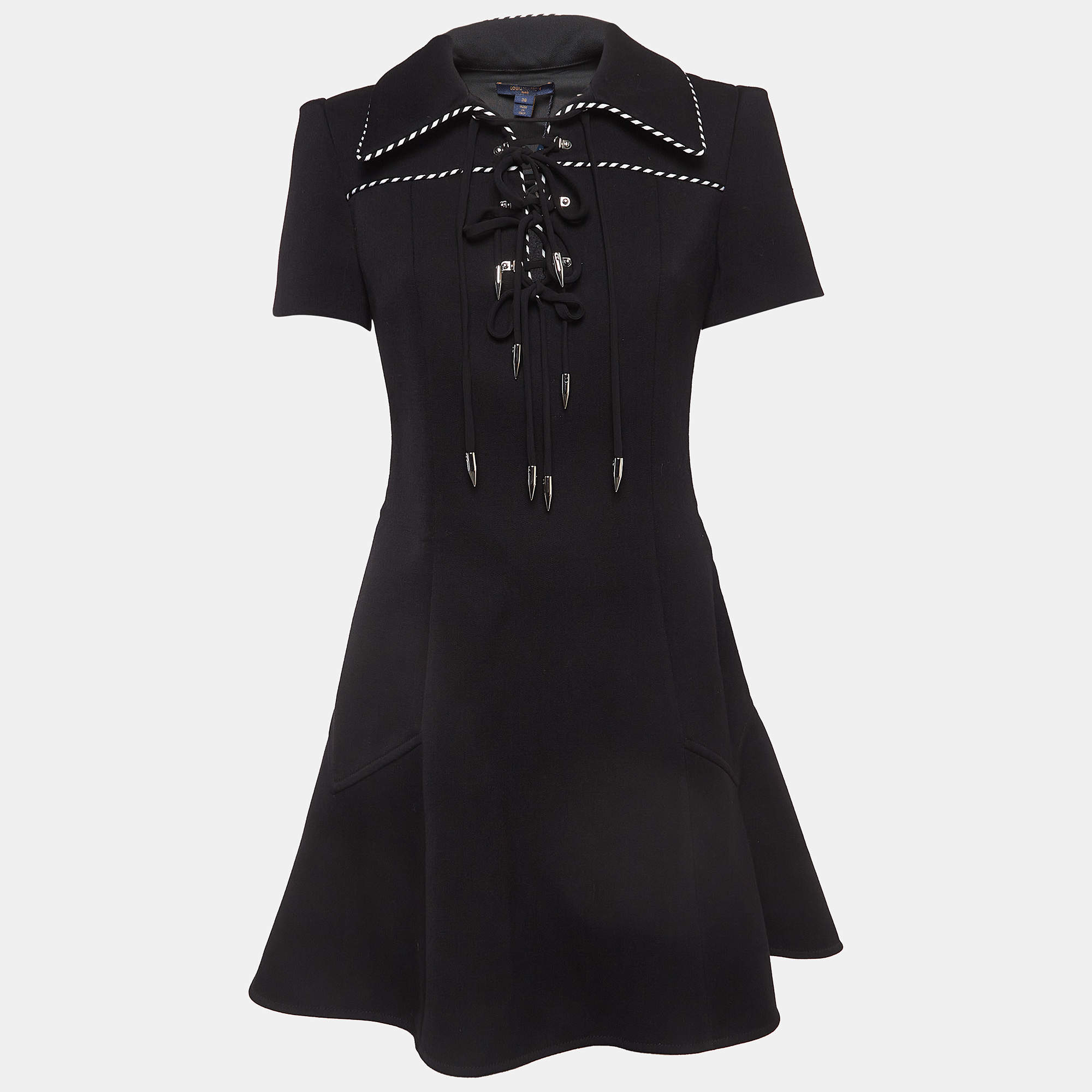 Pre Owned Louis Vuitton Black Wool Blend Lace-Up Neck Skater Dress M