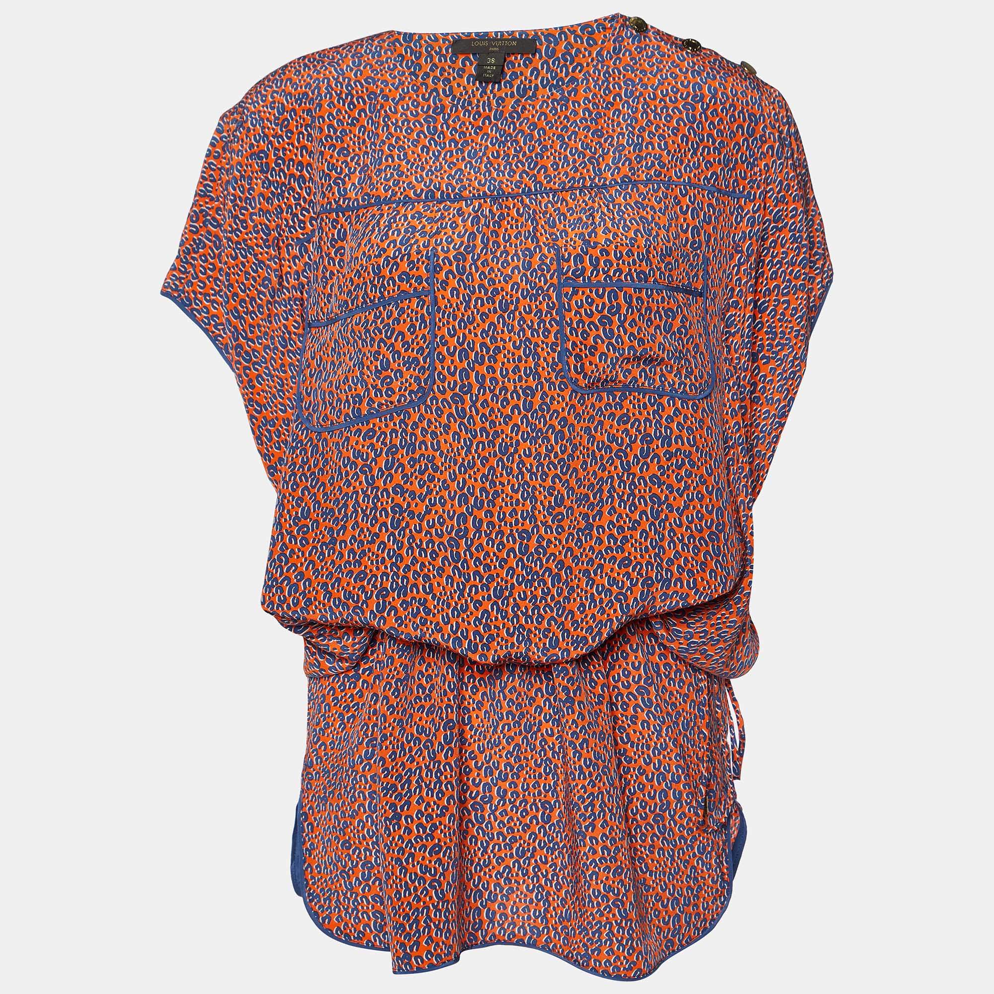 Louis Vuitton Orange Leopard Print Silk Elasticized Waist Mini Dress M