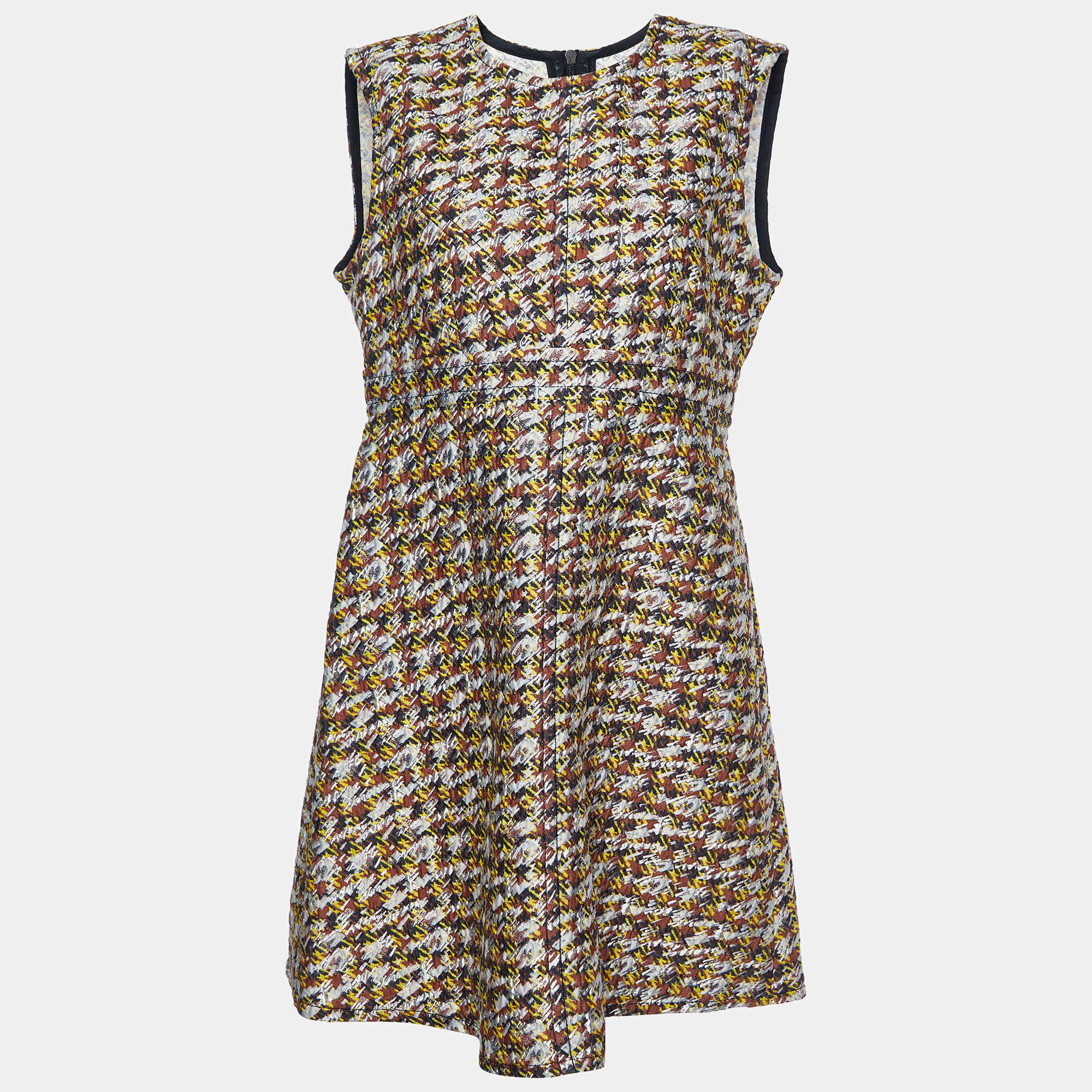 Pre Owned Louis Vuitton Brown Houndstooth Pattern Wool Sleeveless Dress L