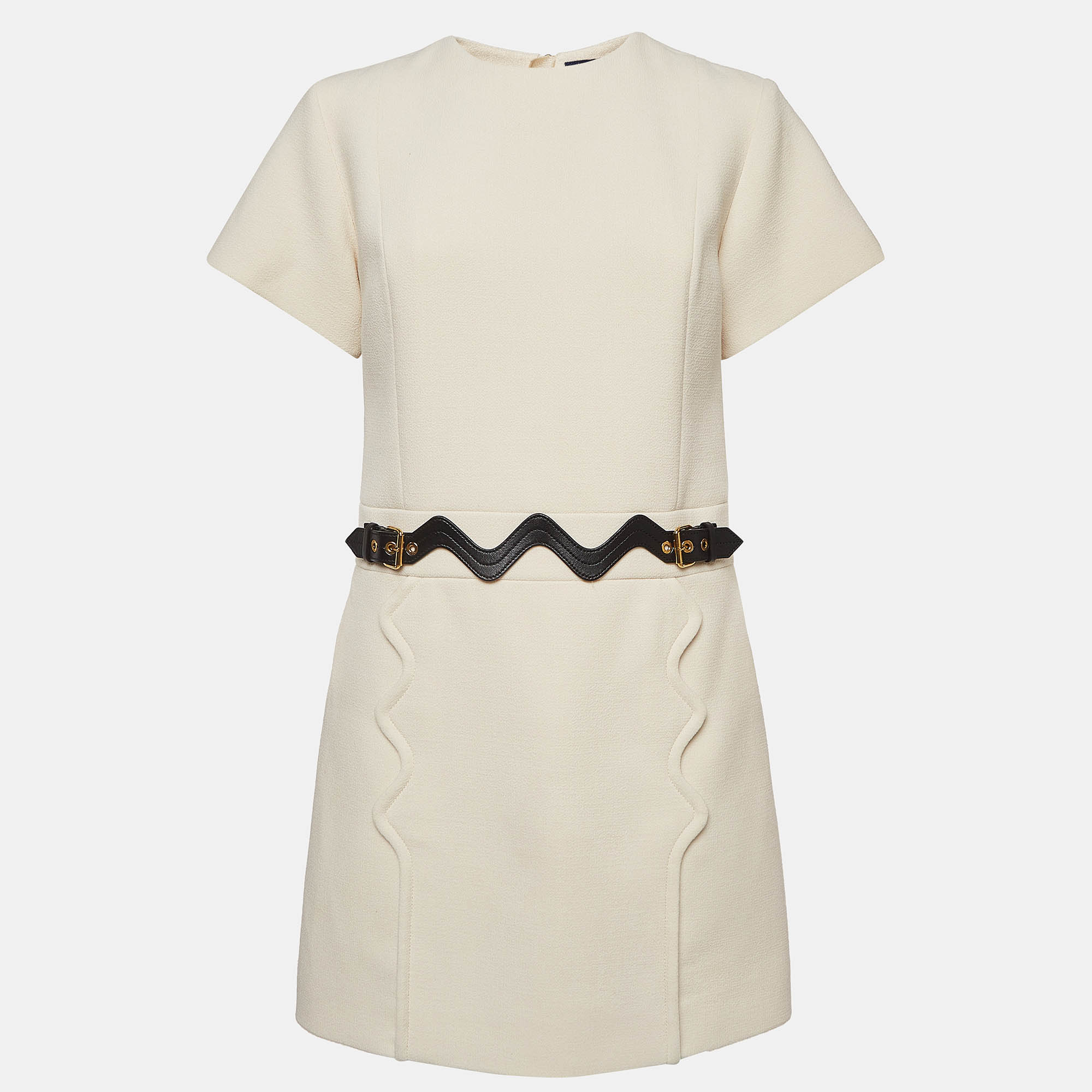Pre Owned Louis Vuitton Natural White Wool Scallop Detail Midi Dress M