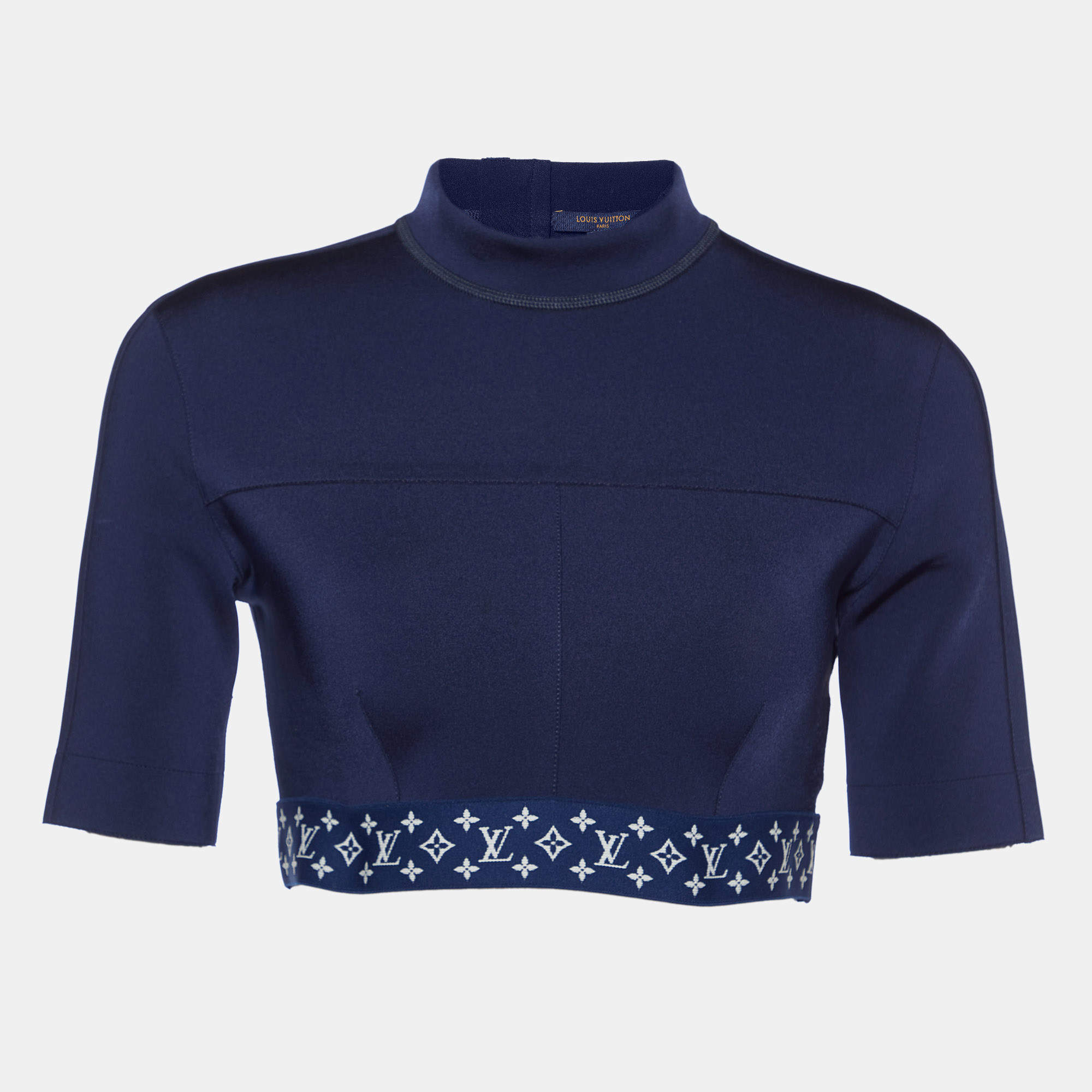 Pre Owned Louis Vuitton Navy Blue Jersey Flight Mode Sporty Crop Top M