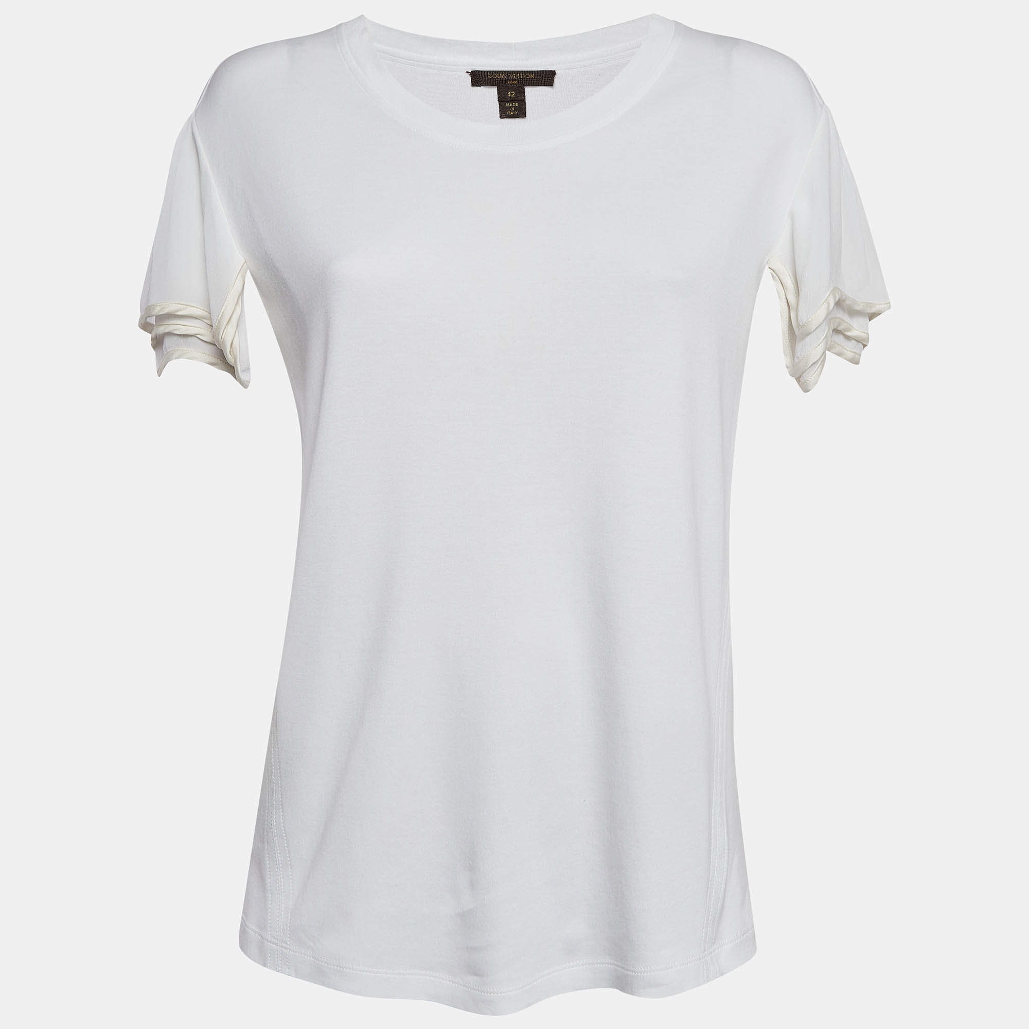 Pre Owned Louis Vuitton White Crepe Sleeve Trim Jersey T-Shirt L