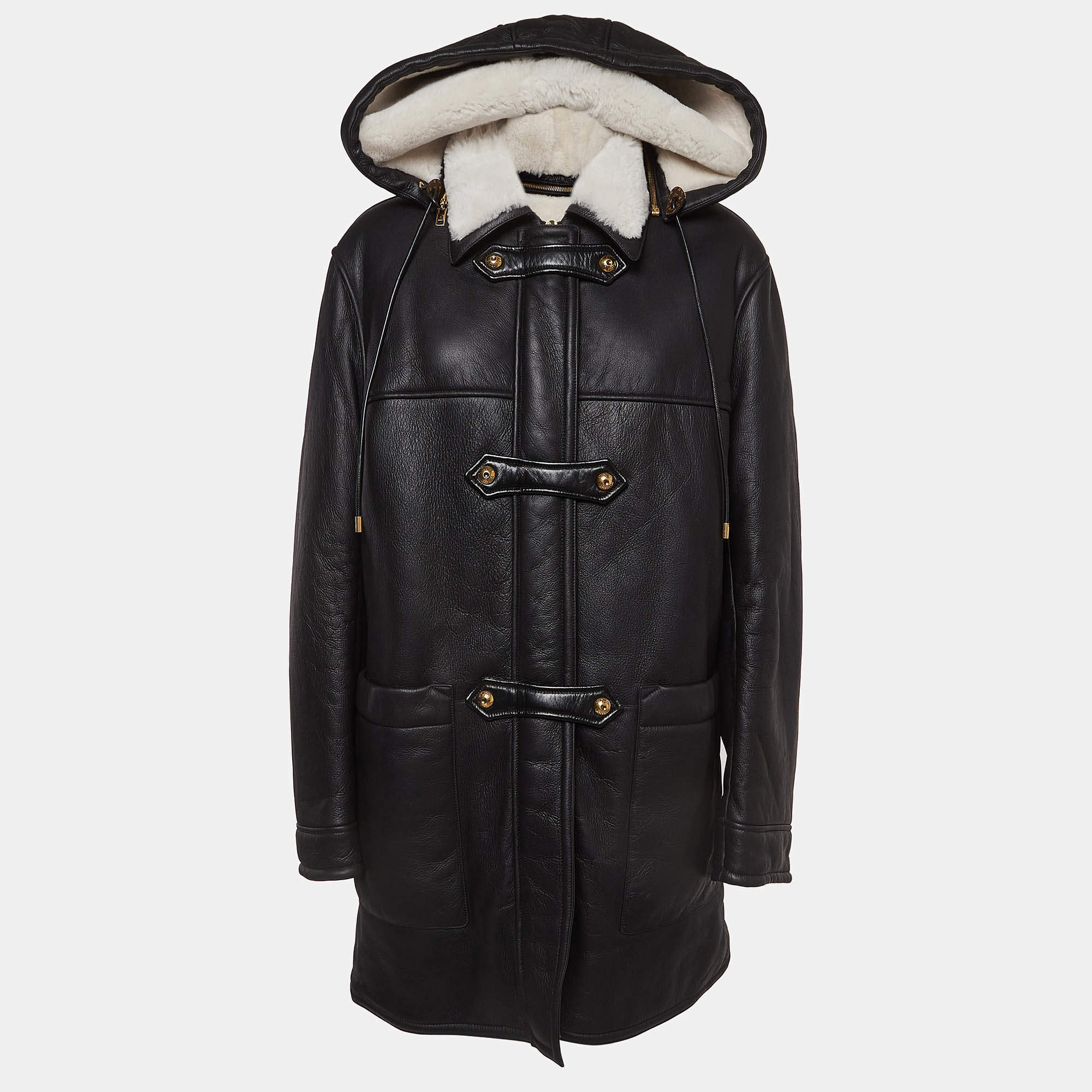 Louis Vuitton Black Shearling and Napa Leather Duffle Pea Coat M