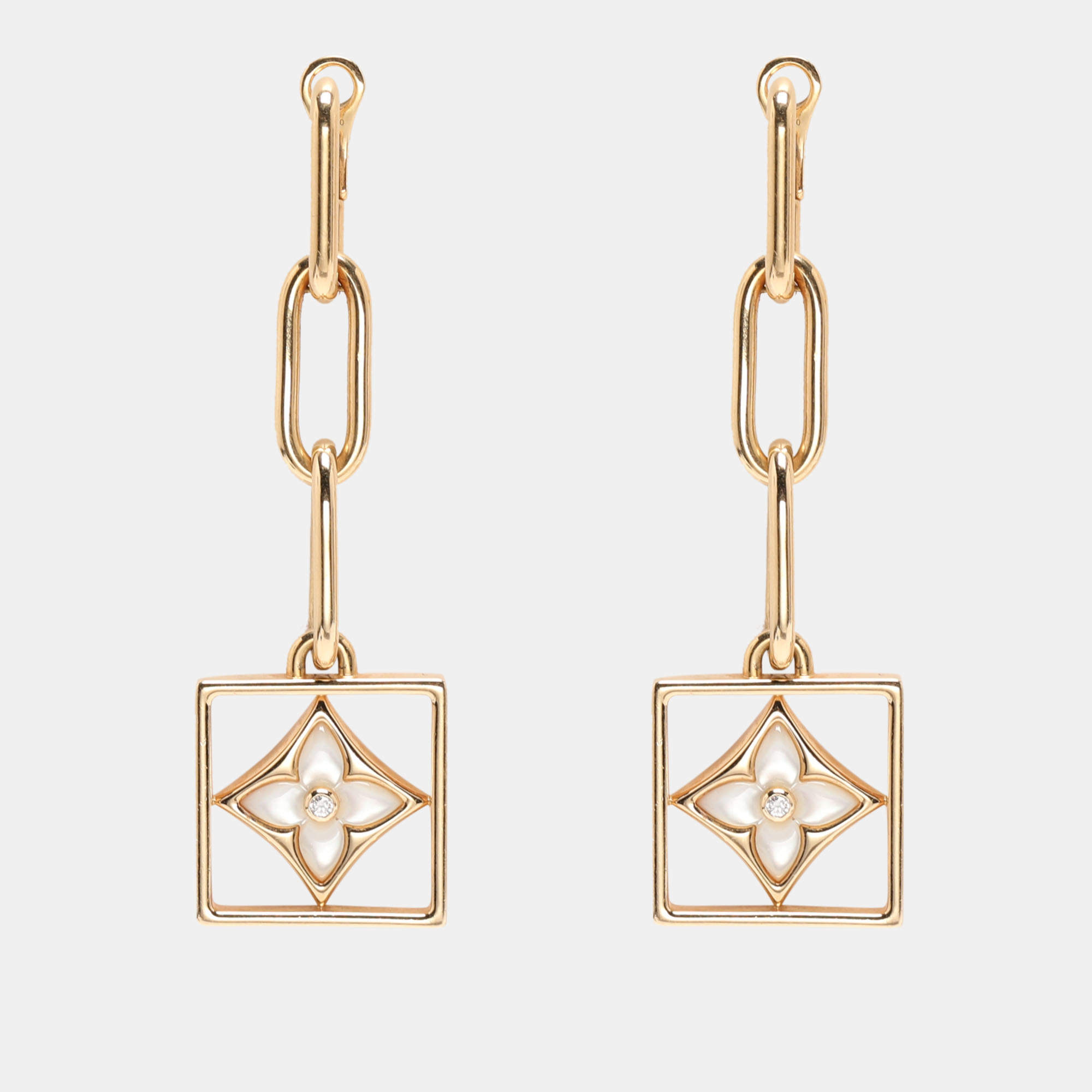 Pre Owned Louis Vuitton B Blossom Yellow Gold, White Mother-of-Pearl and Diamond Dangle Earrings