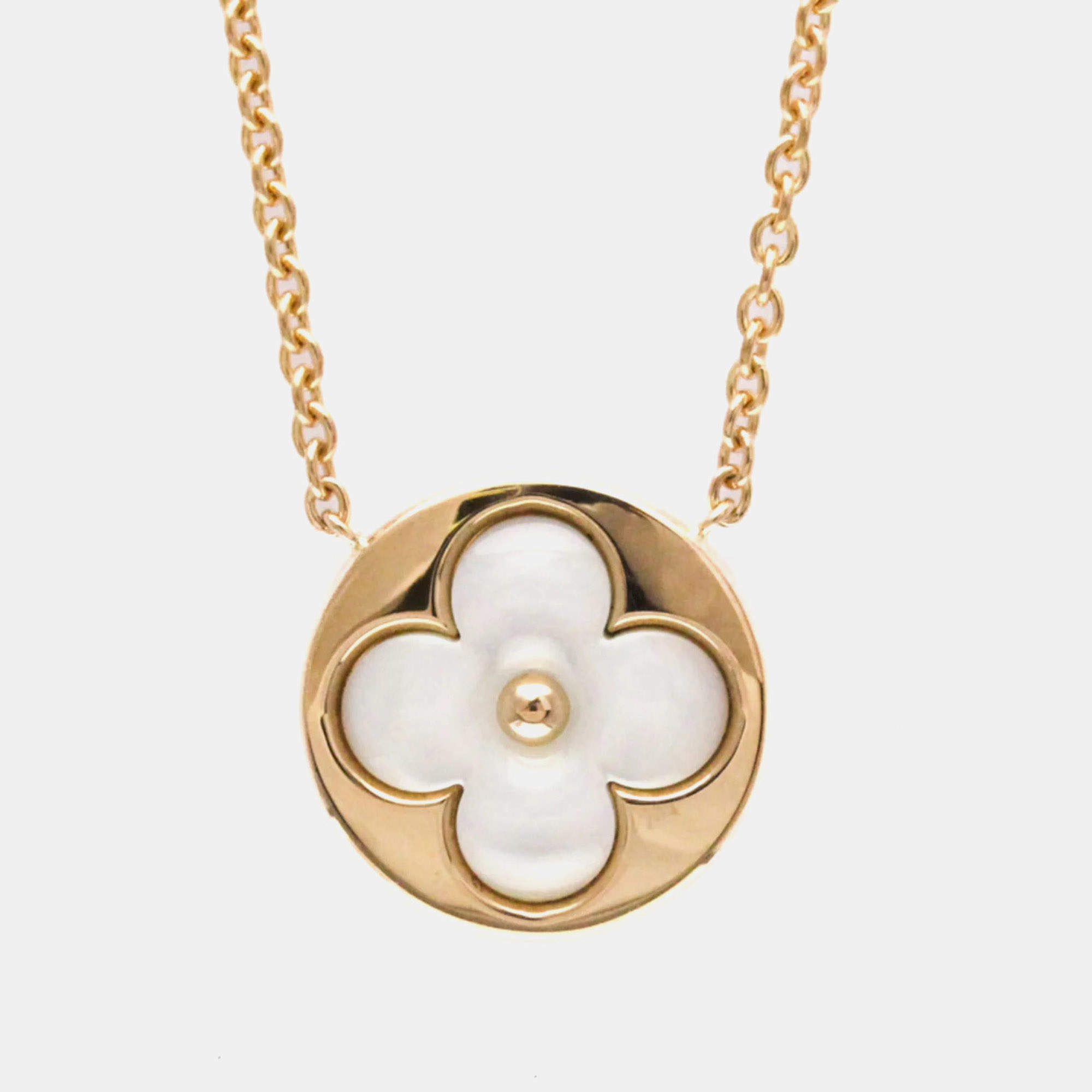 Pre Owned Louis Vuitton Monogram Sun MOP Pink Gold 18K Mother Of Pearl Men Women Fashion Pendant Necklace Pink Gold