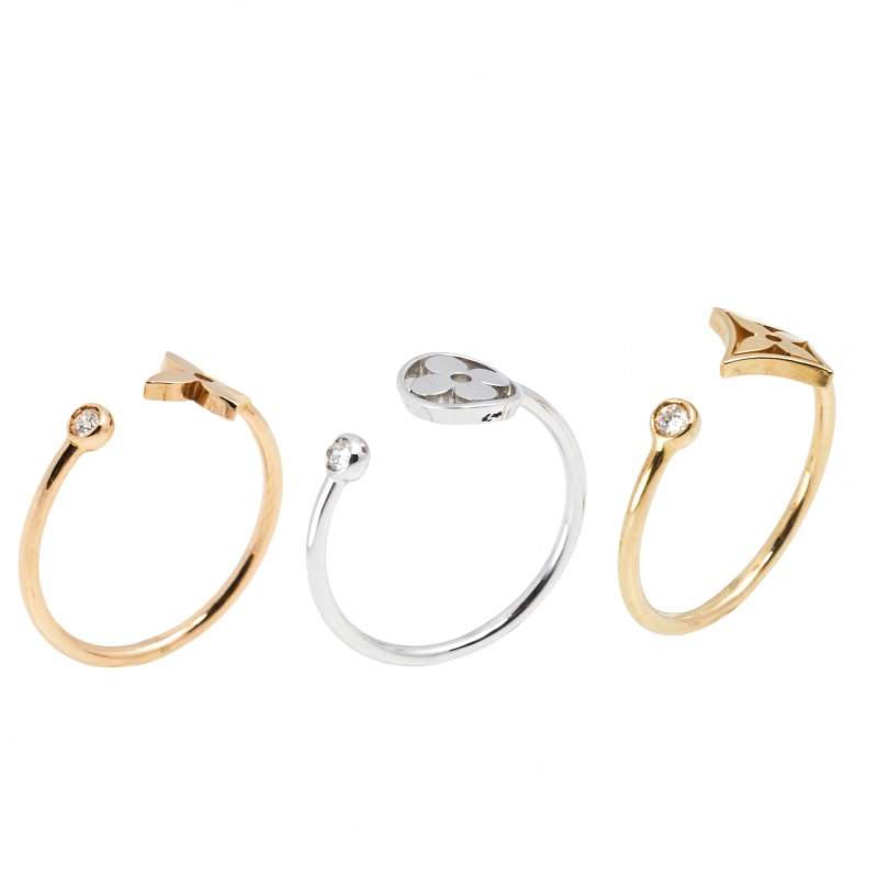 Louis Vuitton Idylle Blossom Diamond 18K Three Tone Gold Set of 3 Rings Size 57