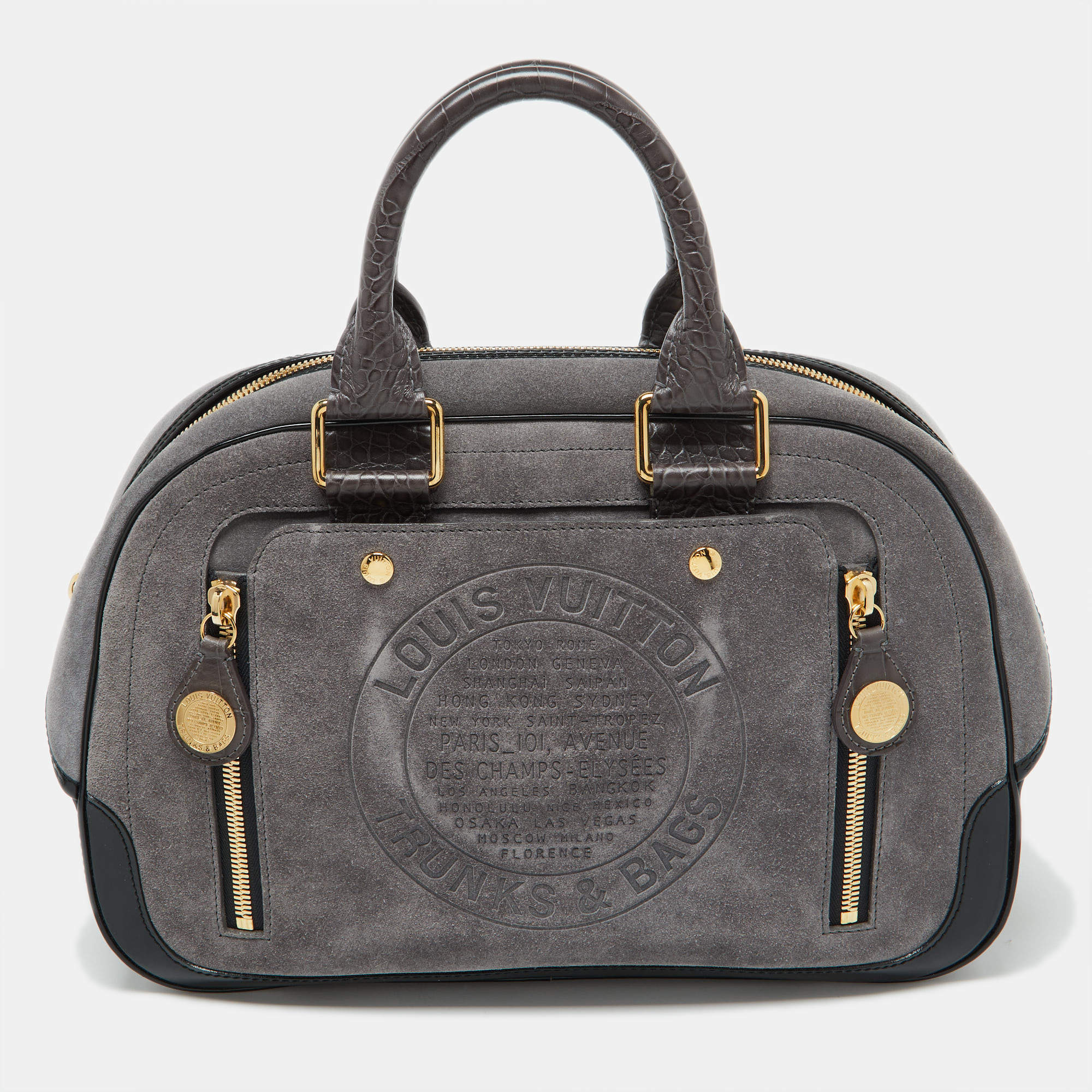 Pre Owned Louis Vuitton Grey Suede and Leather Limited Edition Havane Stamped Trunk GM Bag