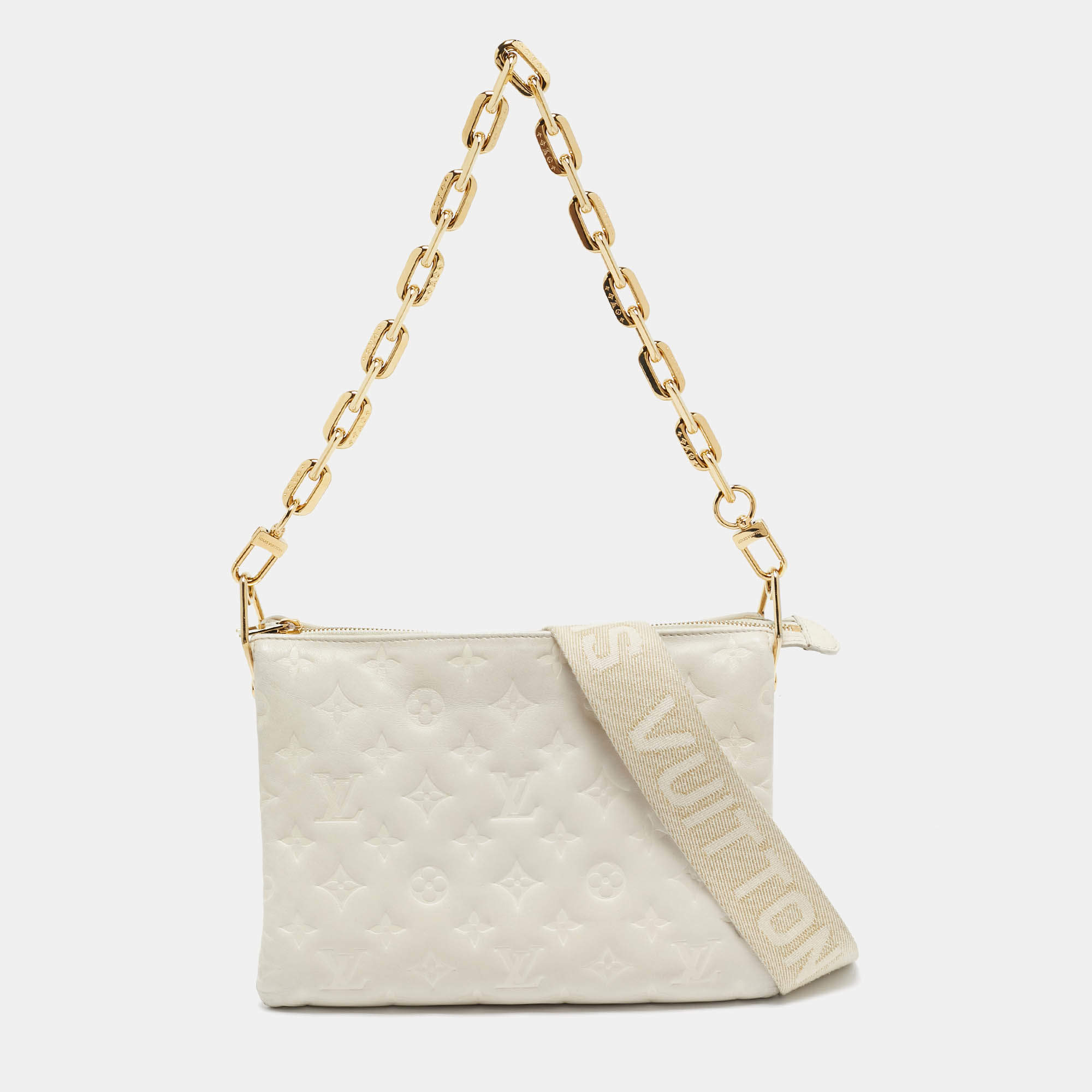 Pre Owned Louis Vuitton White Monogram Embossed Leather Coussin PM Bag