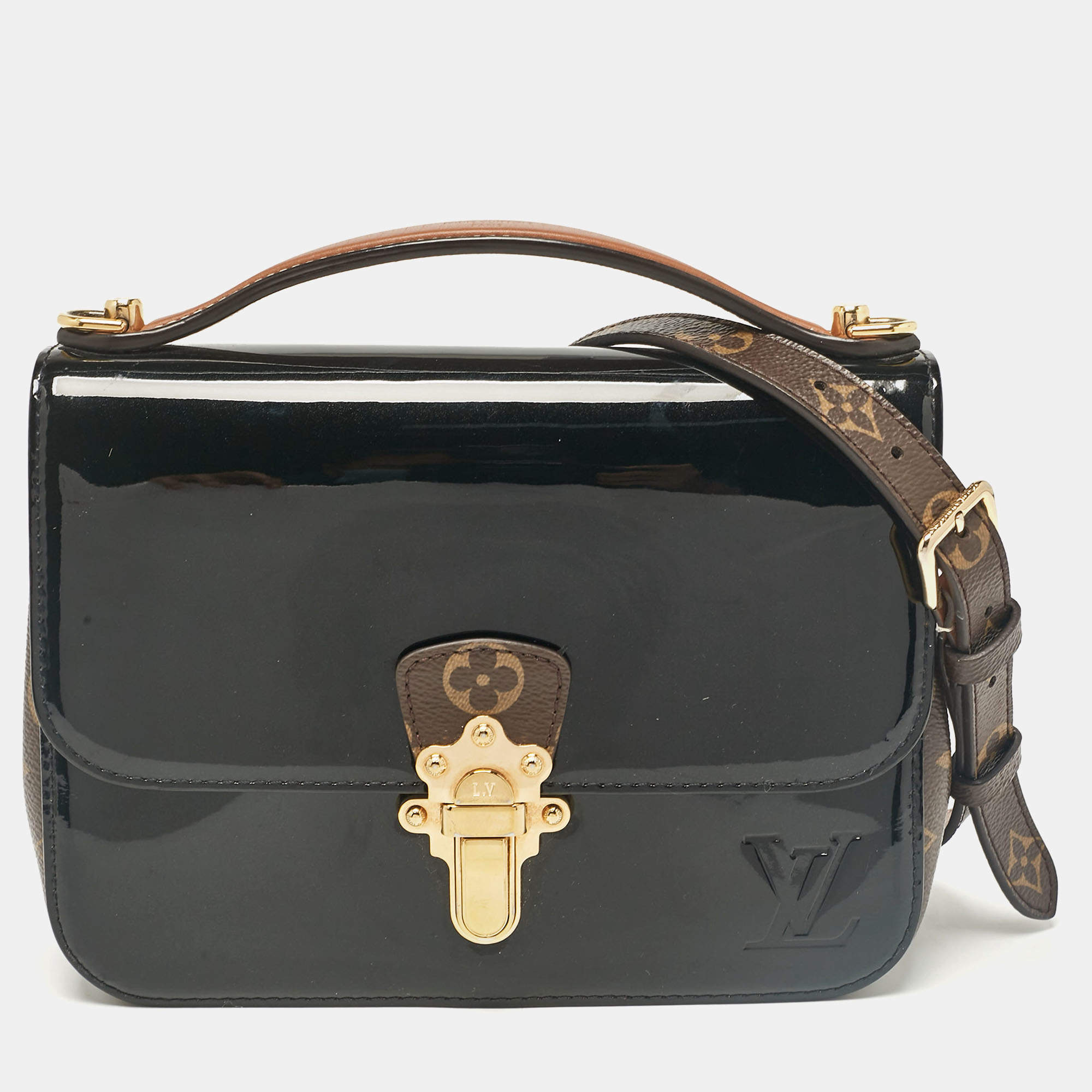 Pre Owned Louis Vuitton Black Vernis Leather and Monogram Canvas Cherrywood BB Bag