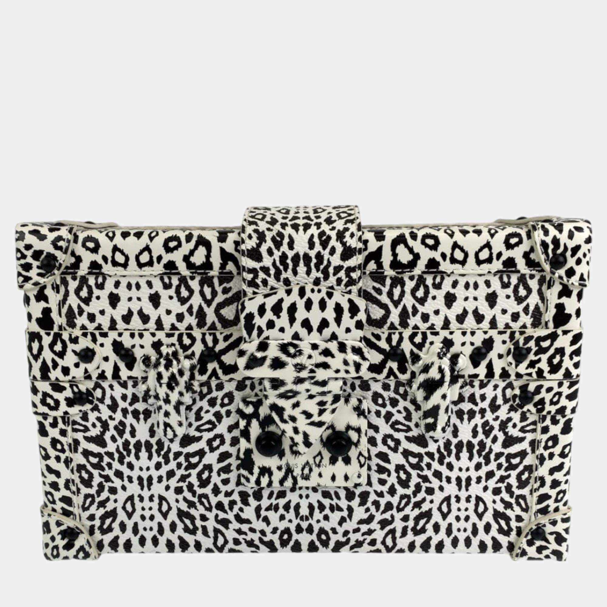 Louis Vuitton Black/White Coated Canvas Leopard Print and Fringe Strap Petite Malle Shoulder Bags