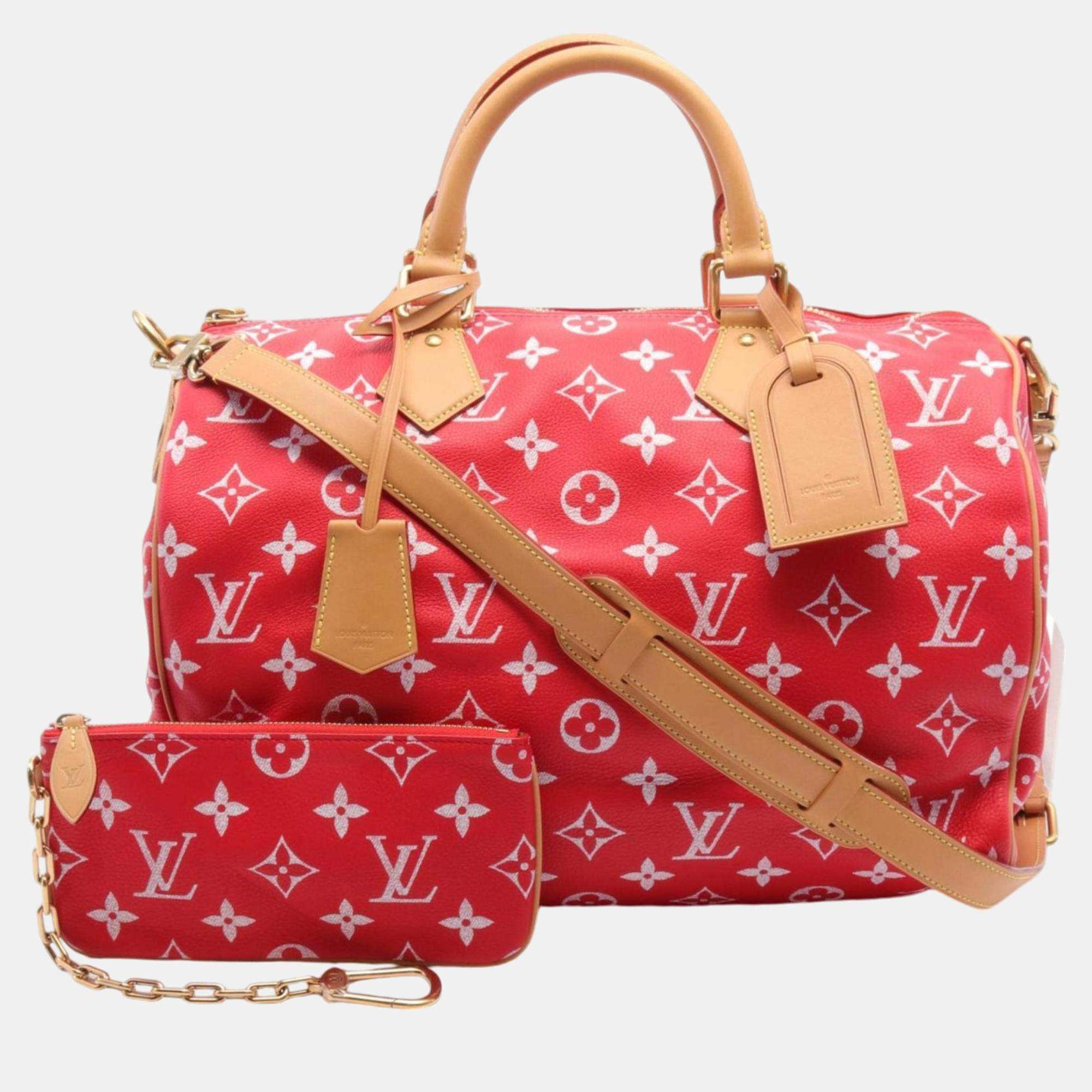 Louis Vuitton Red White Brown Leather Speedy Bandouliere 40 Boston Bag