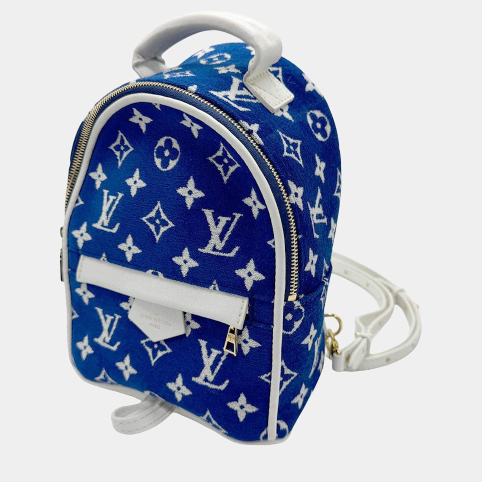 Louis Vuitton Leather Blue White Gold Monogram Jacquard Velvet Palm Springs MINI Backpack