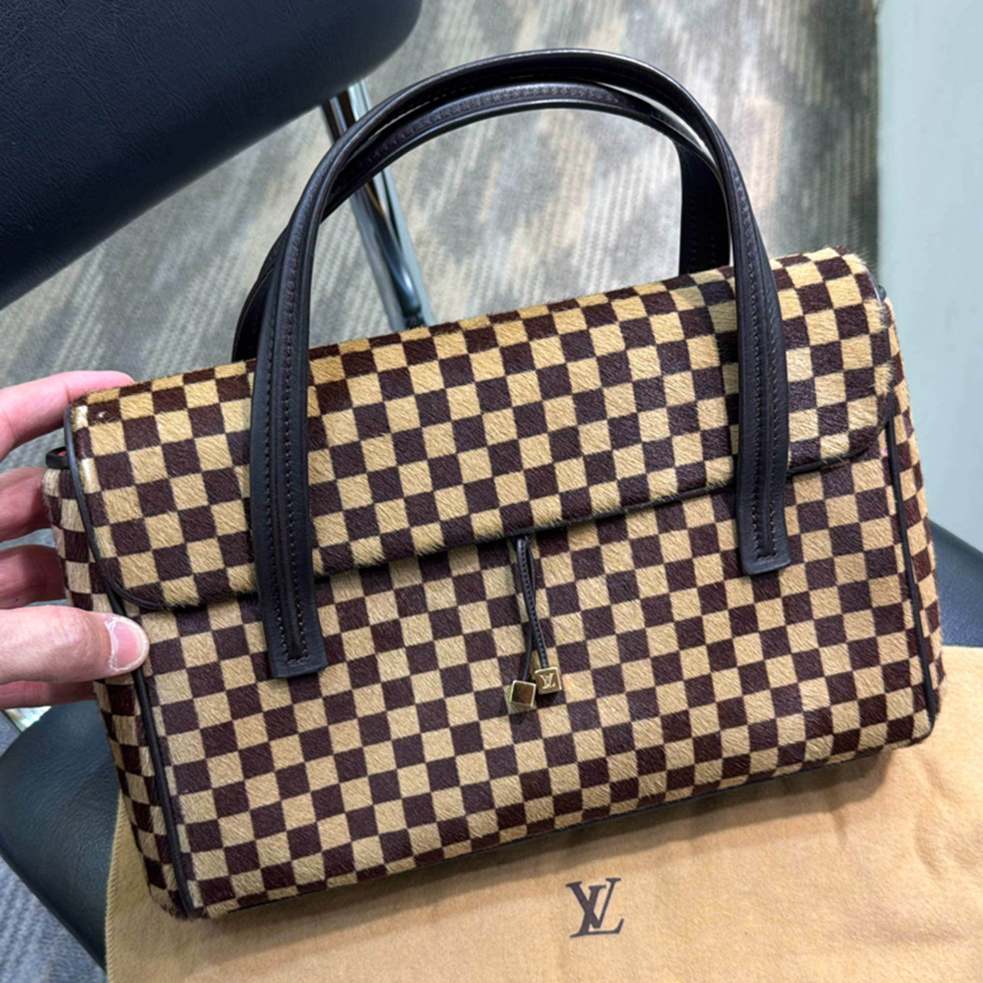 Pre Owned Louis Vuitton Ponyhair Damier Sauvage Lionne Handbag