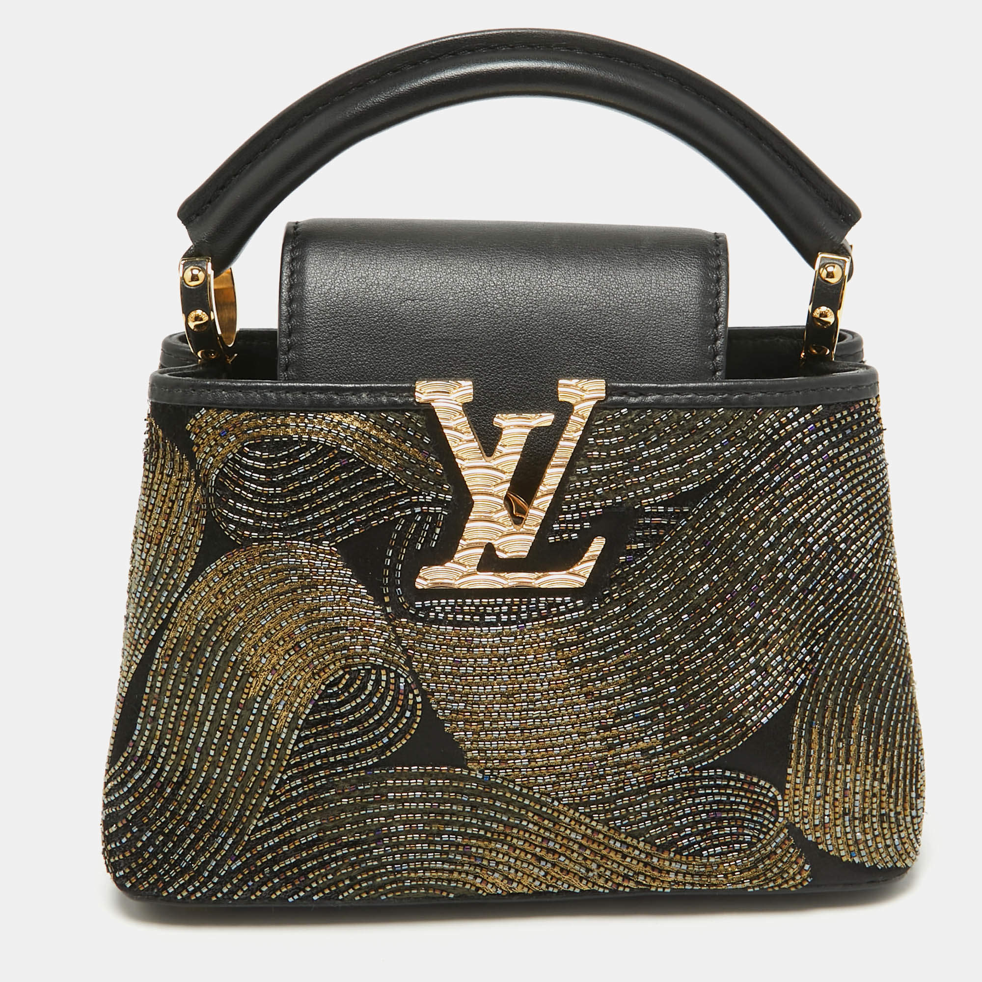 Pre Owned Louis Vuitton Black/Gold Beaded Embroidered Cruella Satin Capucines Mini Bag