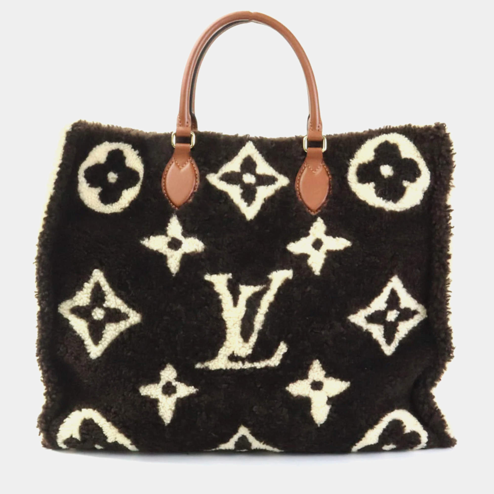 Pre Owned Louis Vuitton Brown X Beige Monogram Teddy OnTheGo GM Shearling Handbag